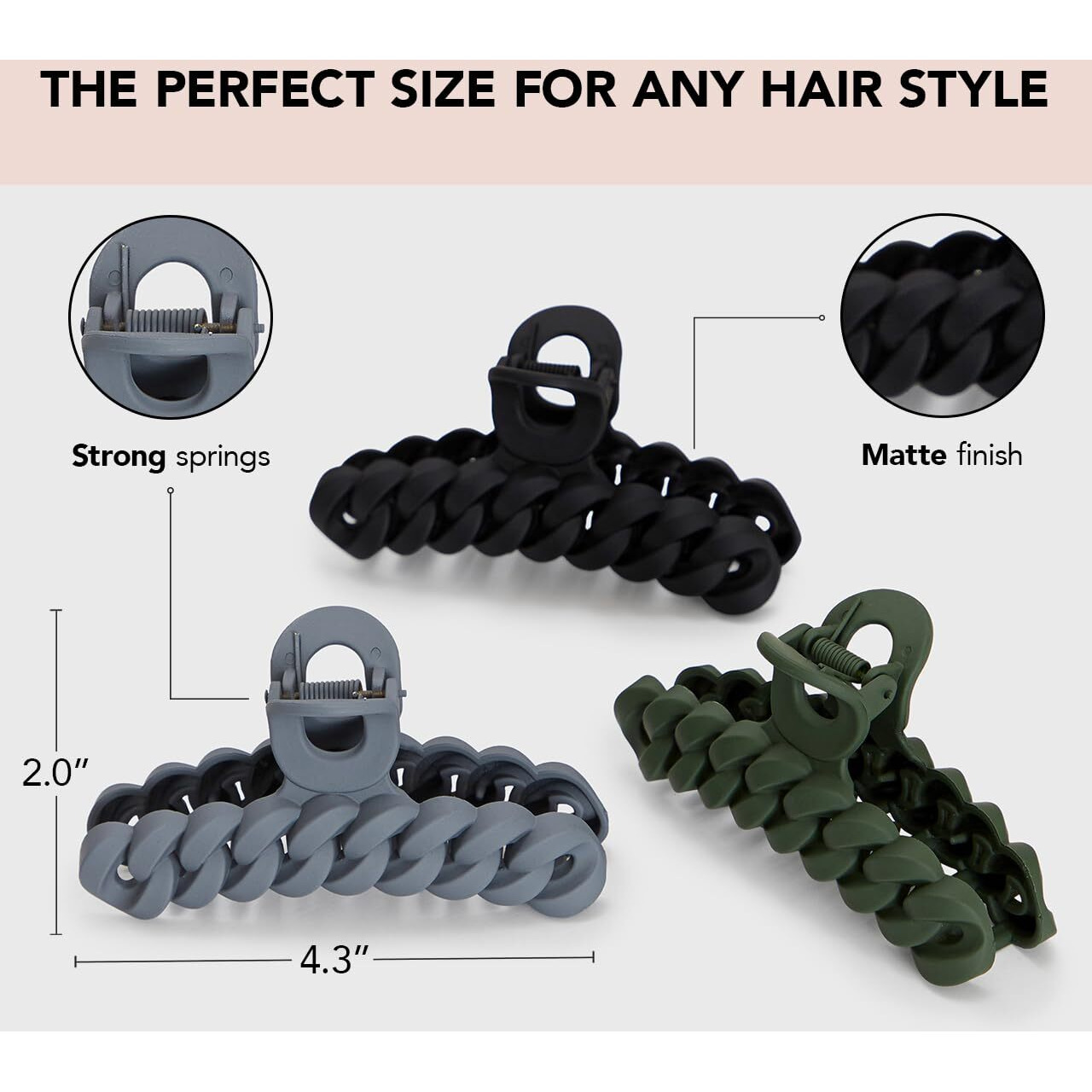 Kitsch Recycled Plastic Large Claw Clip - Big Chain Hair Clips For Women | Large Hair Claw Clips & Jaw Clips| Big Claw Clips For Thick Hair | Claw Hair Clips For Girls (3Pc Set Black/Moss)