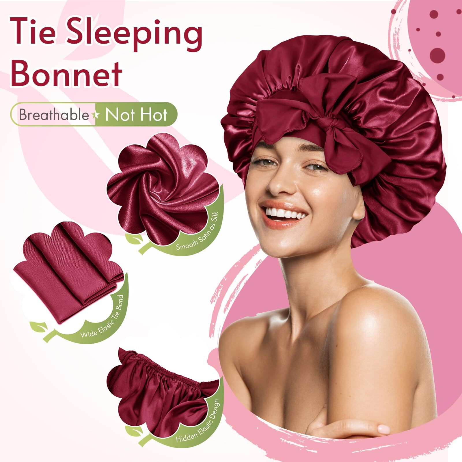 Bonnet Queen Silk Bonnet For Sleeping Women Satin Bonnet Hair Bonnet Night Sleep Cap Scarf Wrap For Curly Hair With Tie Band Dark Red
