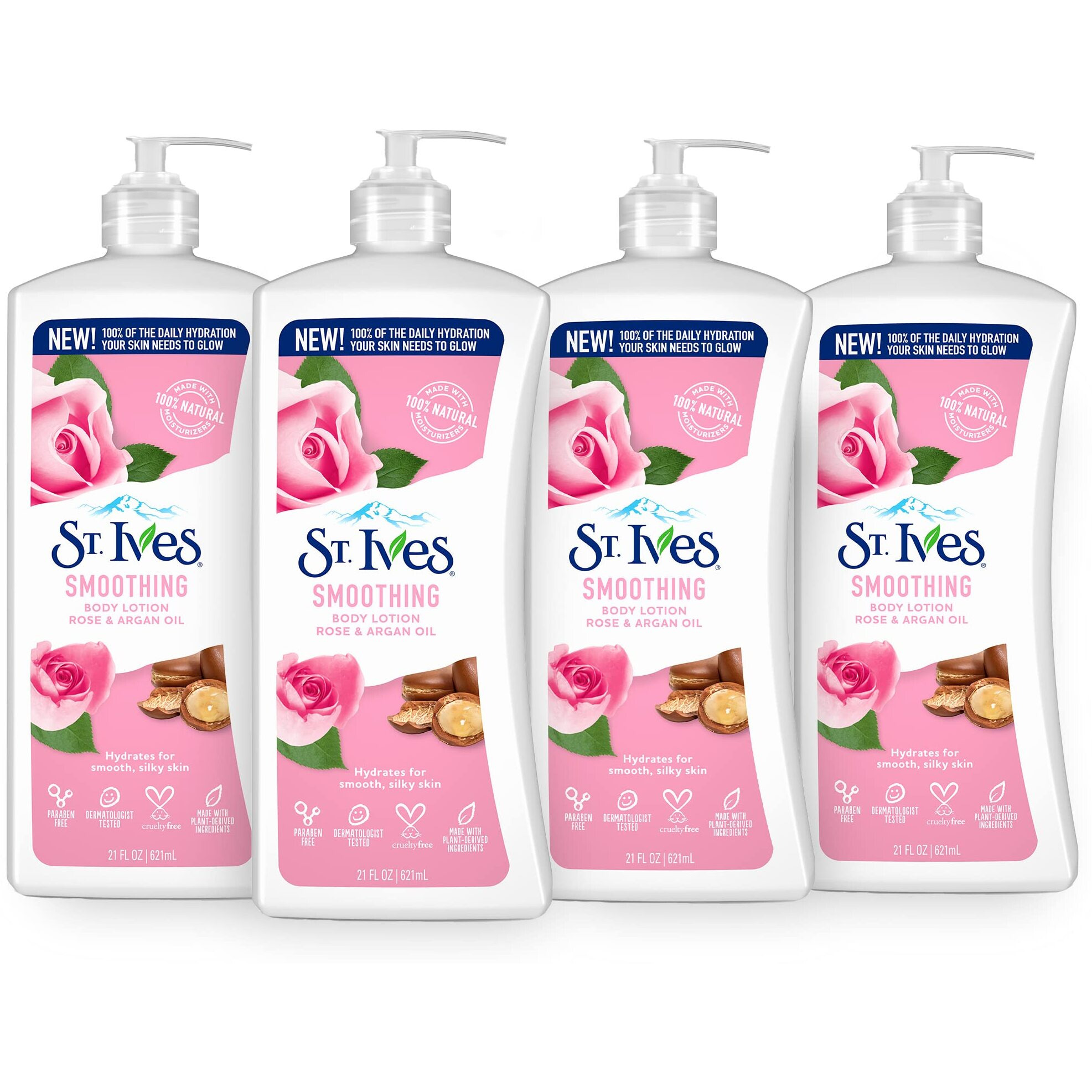 St. Ives Smoothing Hand & Body Lotion For Women With Pump, Daily Moisturizer Rose And Argan Oil For Dry Skin, Made With 100% Natural Moisturizers, 21 Fl Oz, 4 Pack