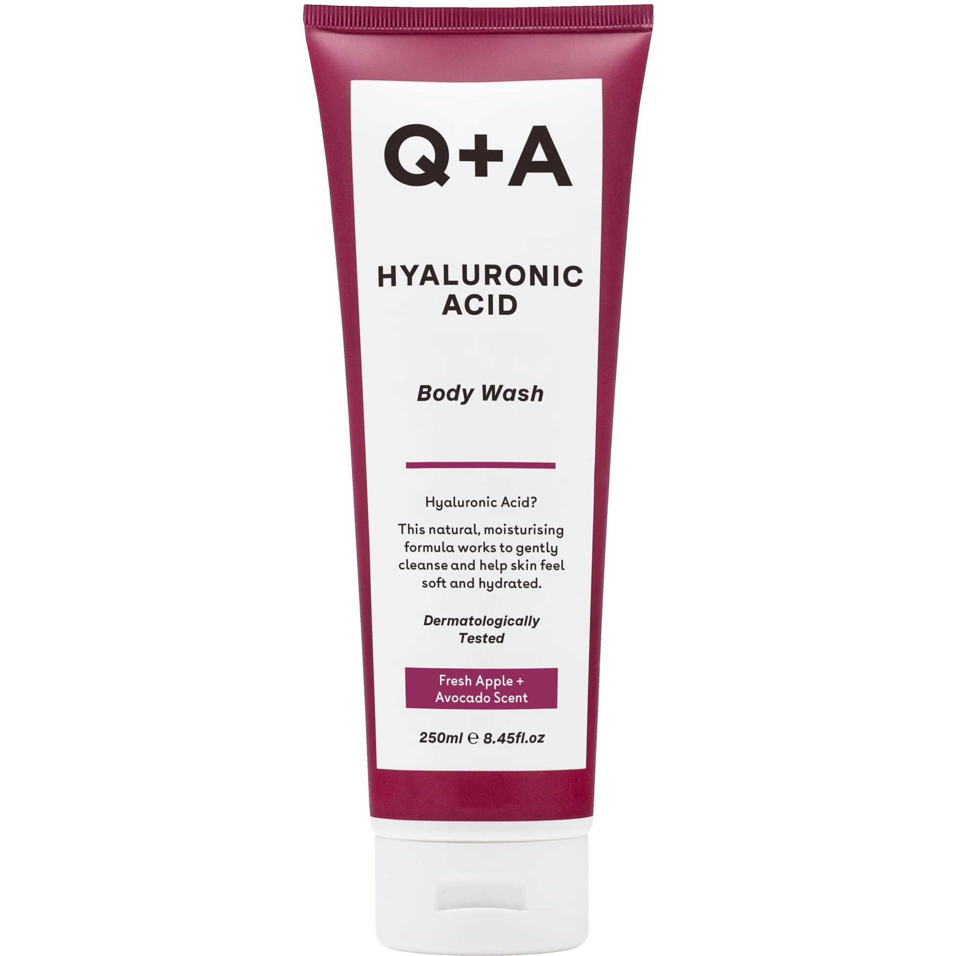 Q+A Hyaluronic Acid Body Wash, A Blend Of Hyaluronic Acid, Giant Kelp Extract And Saccharide Isomerate, And A Fresh Apple And Avocado Scent 250Ml