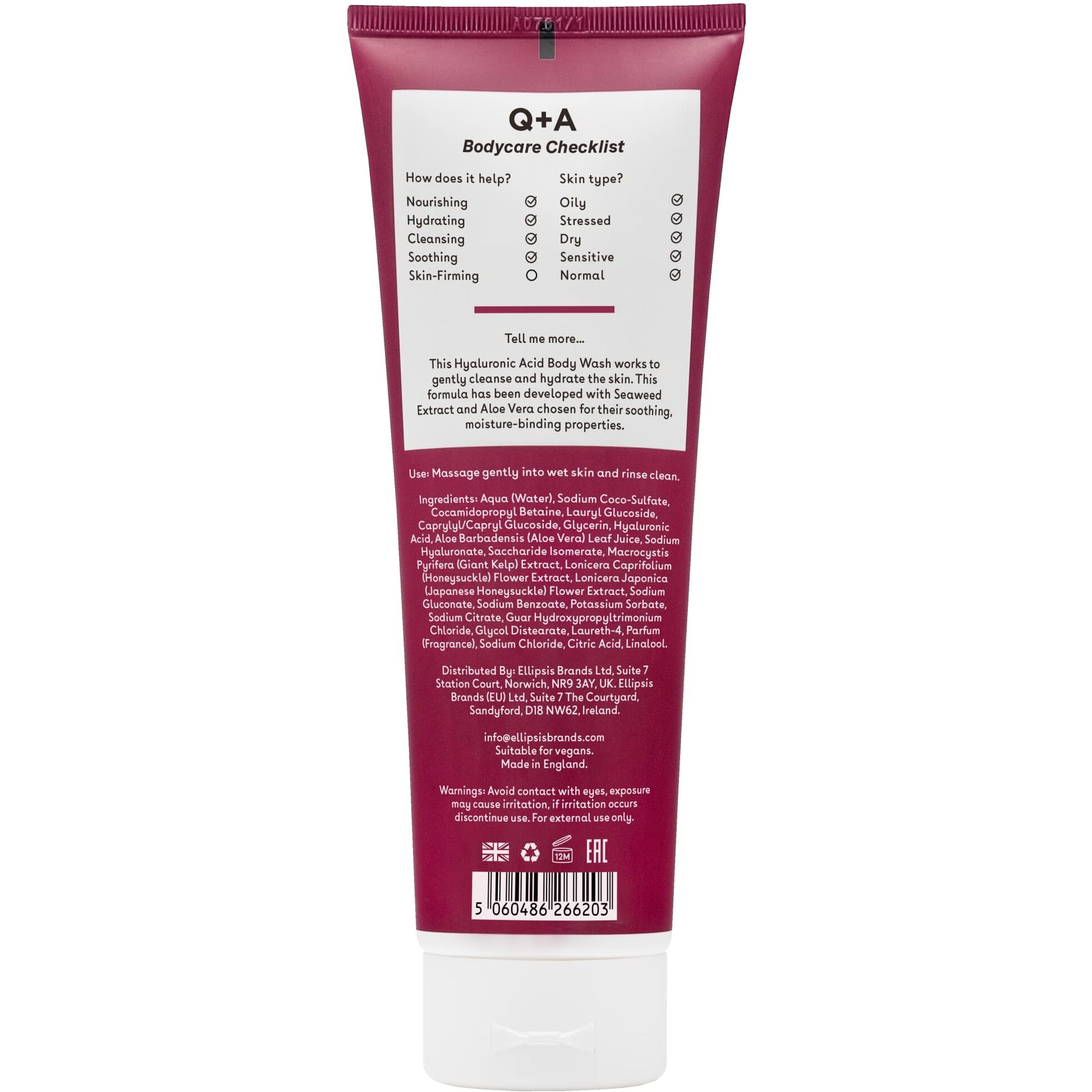 Q+A Hyaluronic Acid Body Wash, A Blend Of Hyaluronic Acid, Giant Kelp Extract And Saccharide Isomerate, And A Fresh Apple And Avocado Scent 250Ml