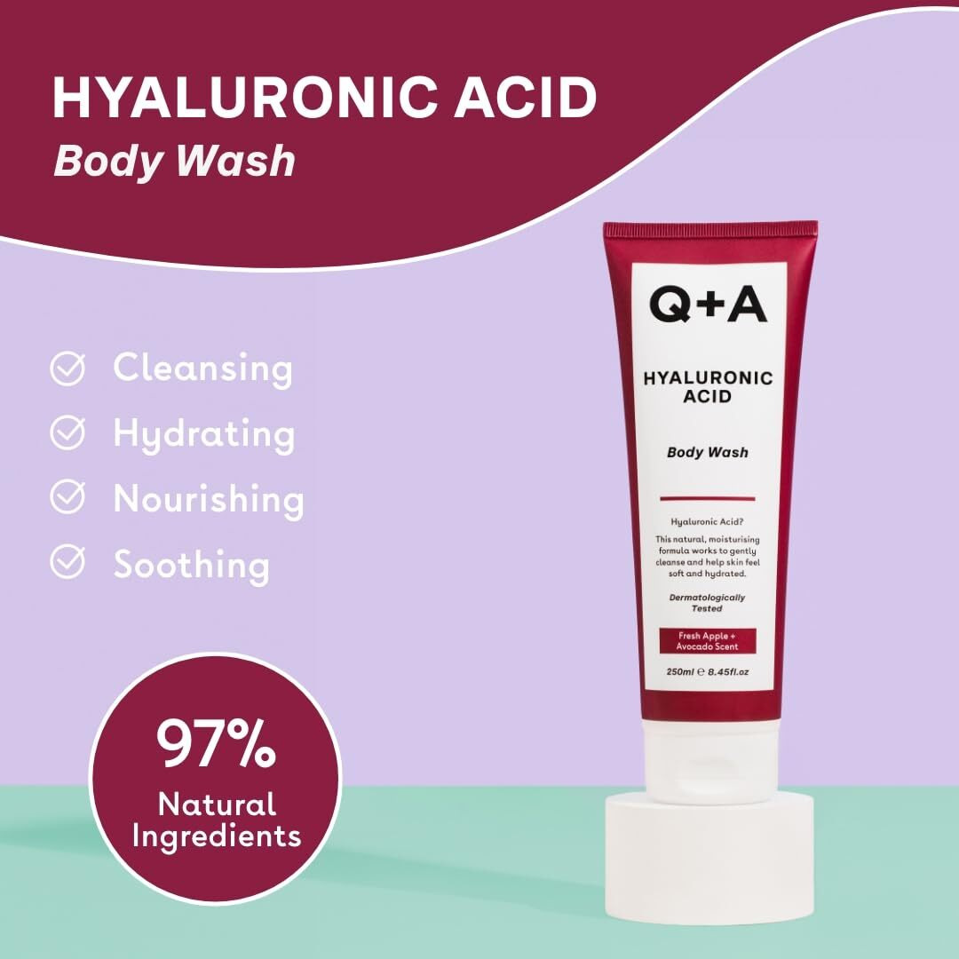 Q+A Hyaluronic Acid Body Wash, A Blend Of Hyaluronic Acid, Giant Kelp Extract And Saccharide Isomerate, And A Fresh Apple And Avocado Scent 250Ml