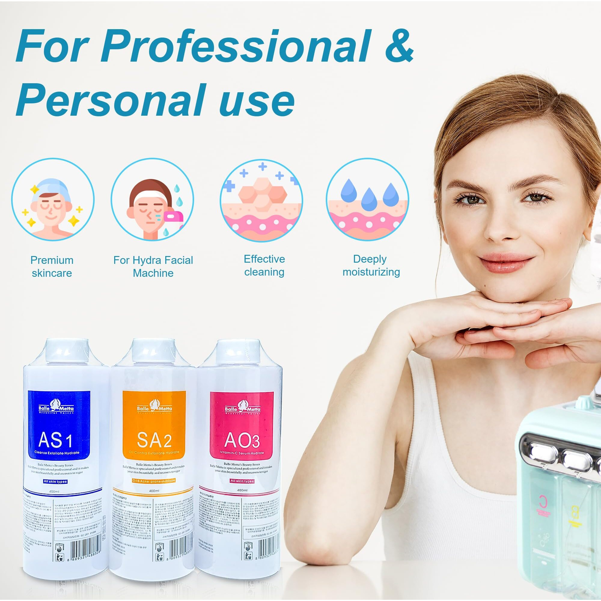 Ymeyfan Hydra Solution For Facial As1 Sa2 Ao3 For Hydra Hydrogen Oxygen Facial Machine Professional, Aqua Peeling Solution Hydra Serums For Facial Cleansing, Face Skin Care, Hydrating (400Ml/6Pcs)