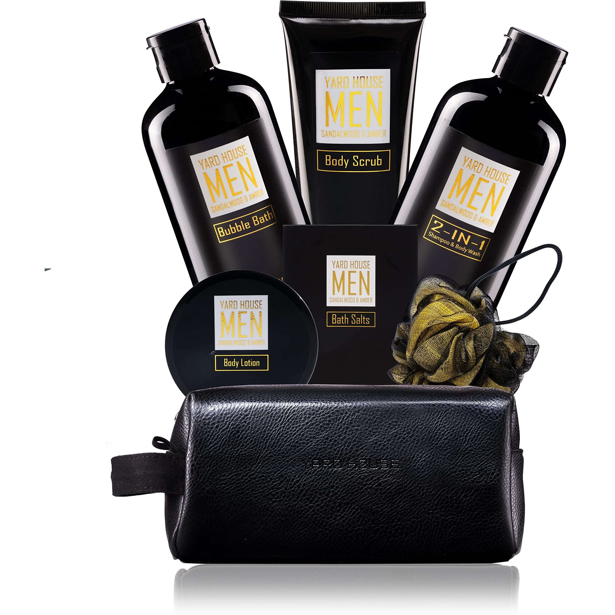 Yard House Bath And Body Spa Gift Baskets Set For Men - Sandalwood Amber - 7Pc Spa Kit W. Full Size Items In Leather Toiletry Bag - Fathers Day Birthday Gifts For Husband, Dad From Wife, Daughter Son
