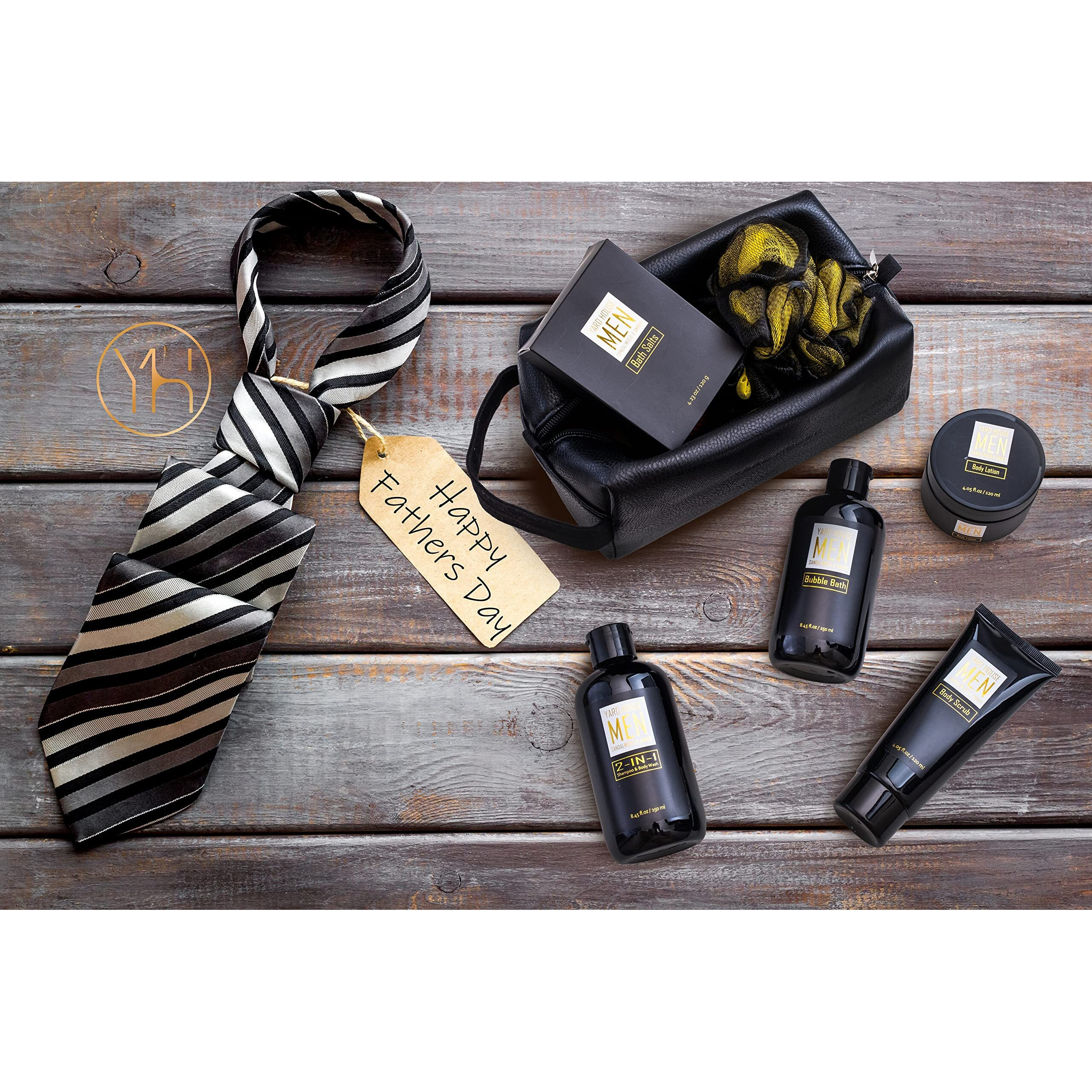 Yard House Bath And Body Spa Gift Baskets Set For Men - Sandalwood Amber - 7Pc Spa Kit W. Full Size Items In Leather Toiletry Bag - Fathers Day Birthday Gifts For Husband, Dad From Wife, Daughter Son