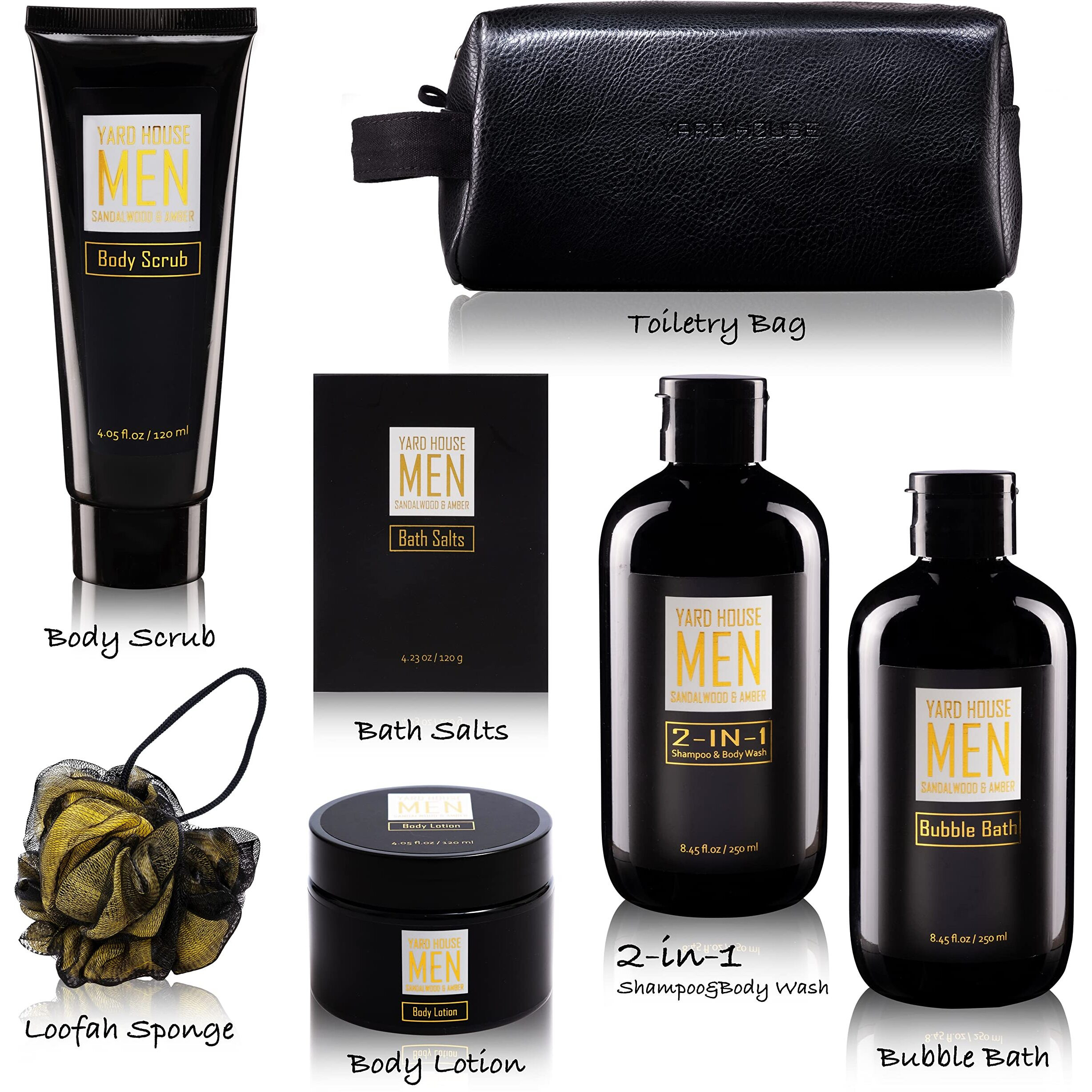 Yard House Bath And Body Spa Gift Baskets Set For Men - Sandalwood Amber - 7Pc Spa Kit W. Full Size Items In Leather Toiletry Bag - Fathers Day Birthday Gifts For Husband, Dad From Wife, Daughter Son