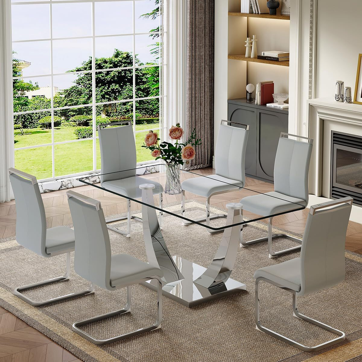 63"" Glass Dining Table Set For 6, Dining Table Set For 6, Table With Stainless Steel Leg And Base And 6 Dining Chairs, Dining Room Table Set 6 (Glass Sliver Table+Grey L Chairs,1 Table+6 Chairs)