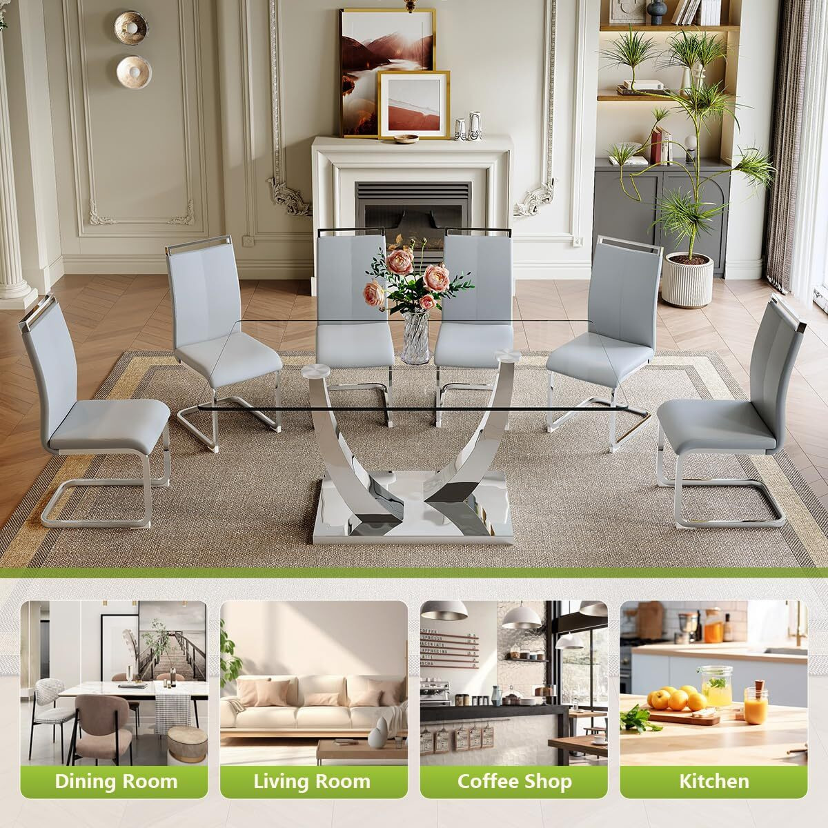63"" Glass Dining Table Set For 6, Dining Table Set For 6, Table With Stainless Steel Leg And Base And 6 Dining Chairs, Dining Room Table Set 6 (Glass Sliver Table+Grey L Chairs,1 Table+6 Chairs)
