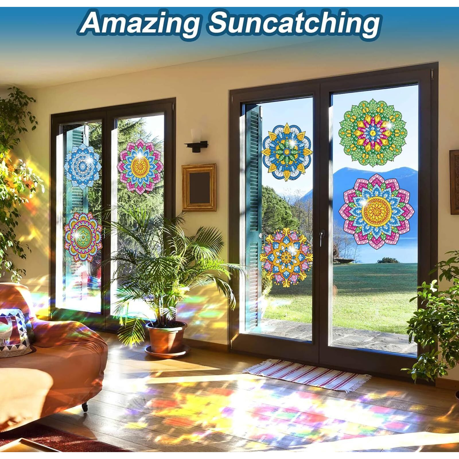 Meiest 6 Pcs Diamond Painting Kits For Suncatchers Mandala Art Stained Glass Window Clings, Mosaic Painting By Numbers,Window Film Static Clings 3D Decals,Art Craft Supplies (1)