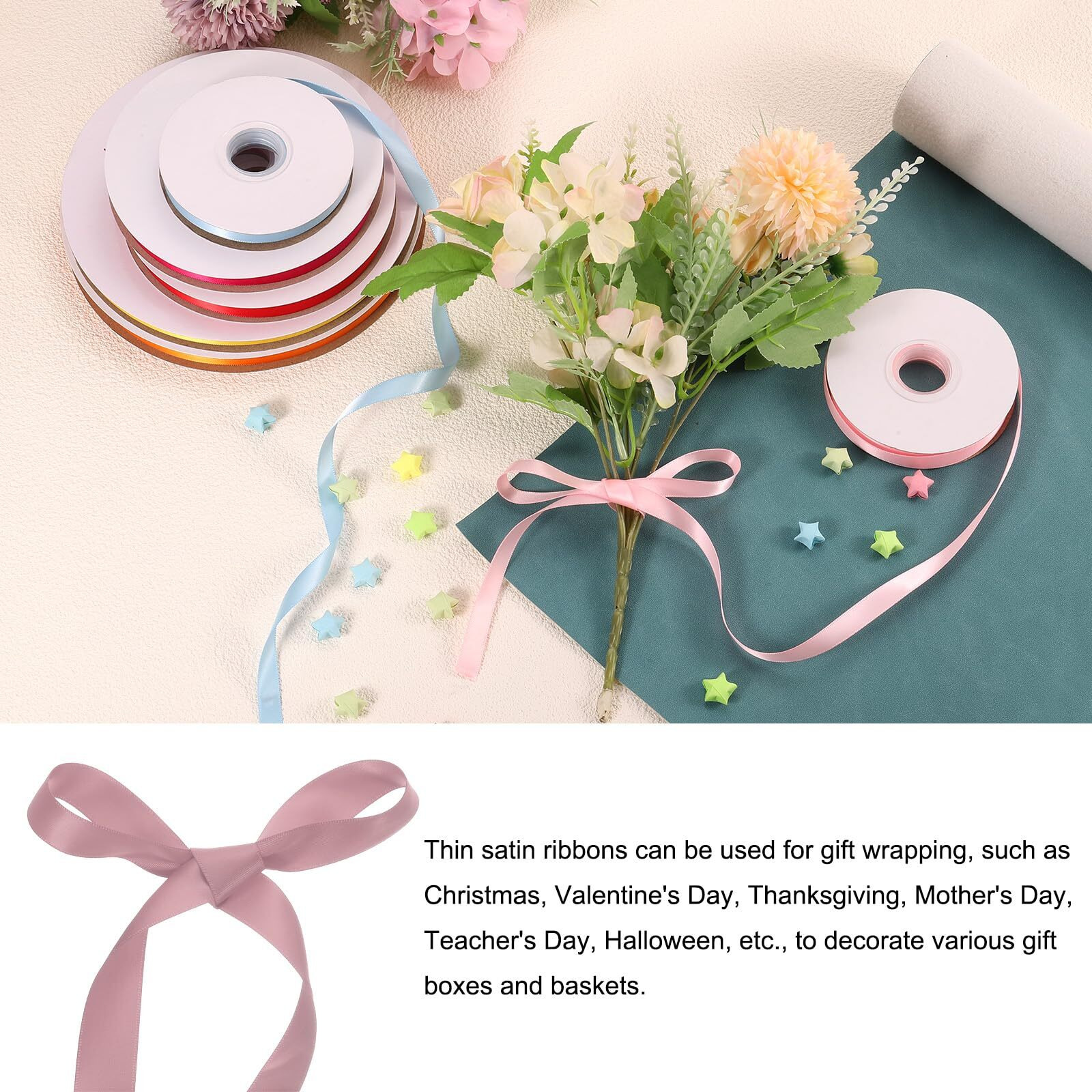 Rebower 1 Inch 50 Yard Satin Ribbon Thick Double Face Grosgrain Silk Ribbon, [For Gift Wrapping, Hair Bows, Wedding, Cake, Flower] - Dusty Pink