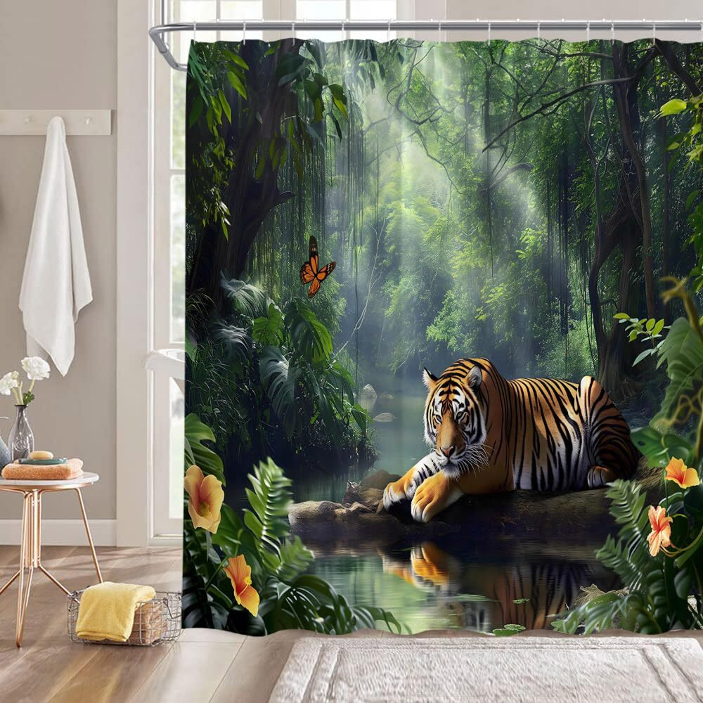 Dsmeue Rainforest Shower Curtain Green Forest Jungle Tiger Lake Floral Tree Tropical Plant Nature Scenery Landscape Summer Bathroom Decor Curtain With Hooks,70"" Wx70 H