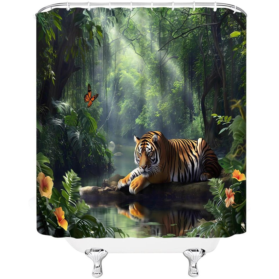 Dsmeue Rainforest Shower Curtain Green Forest Jungle Tiger Lake Floral Tree Tropical Plant Nature Scenery Landscape Summer Bathroom Decor Curtain With Hooks,70"" Wx70 H