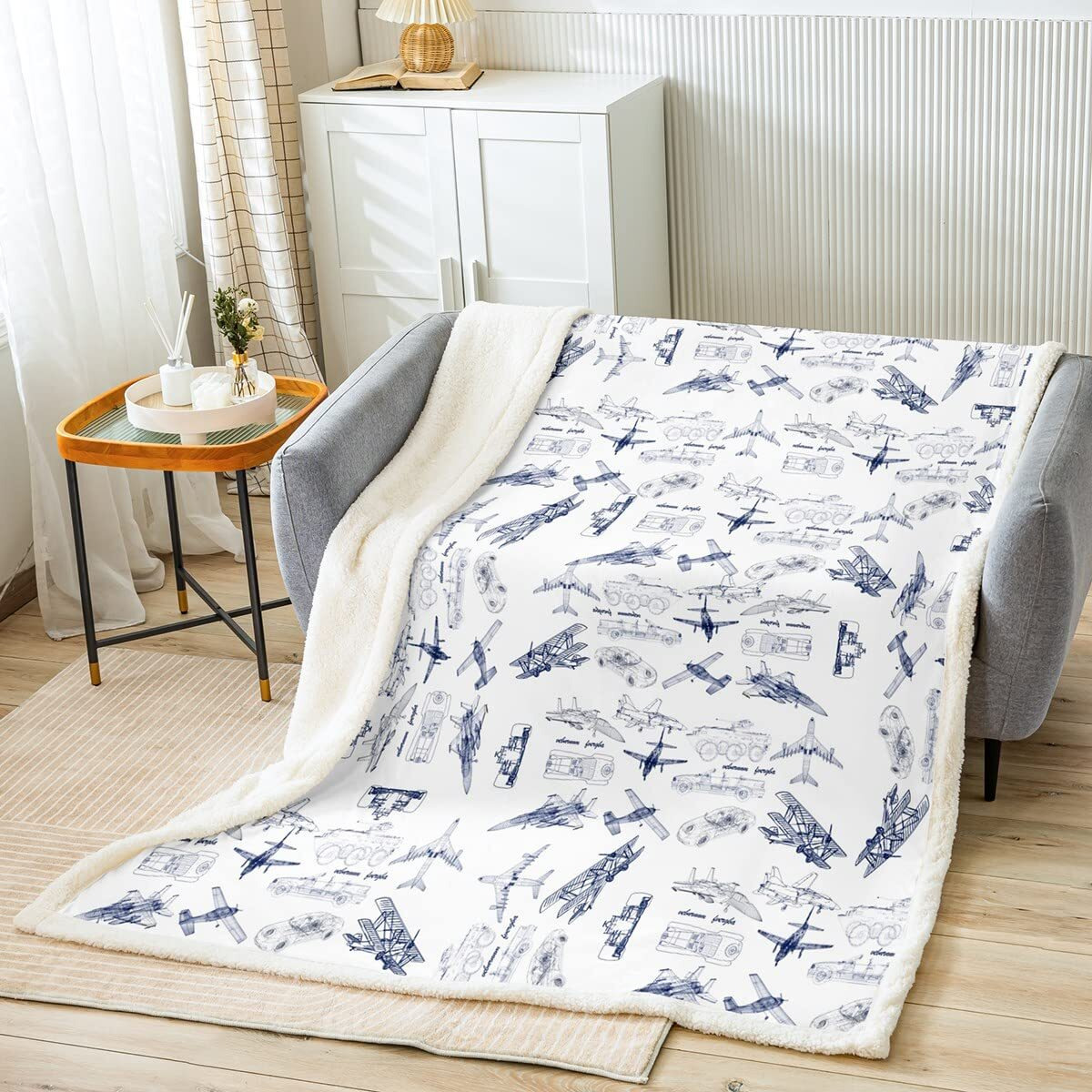 Aircraft Sherpa Blanket Airplane Print Fleece Throw Blanket Decor Aircraft Flying Plush Blanket Microfiber Sketch Style Blue White Fuzzy Blanket Bedroom Baby 30"&quotX40""