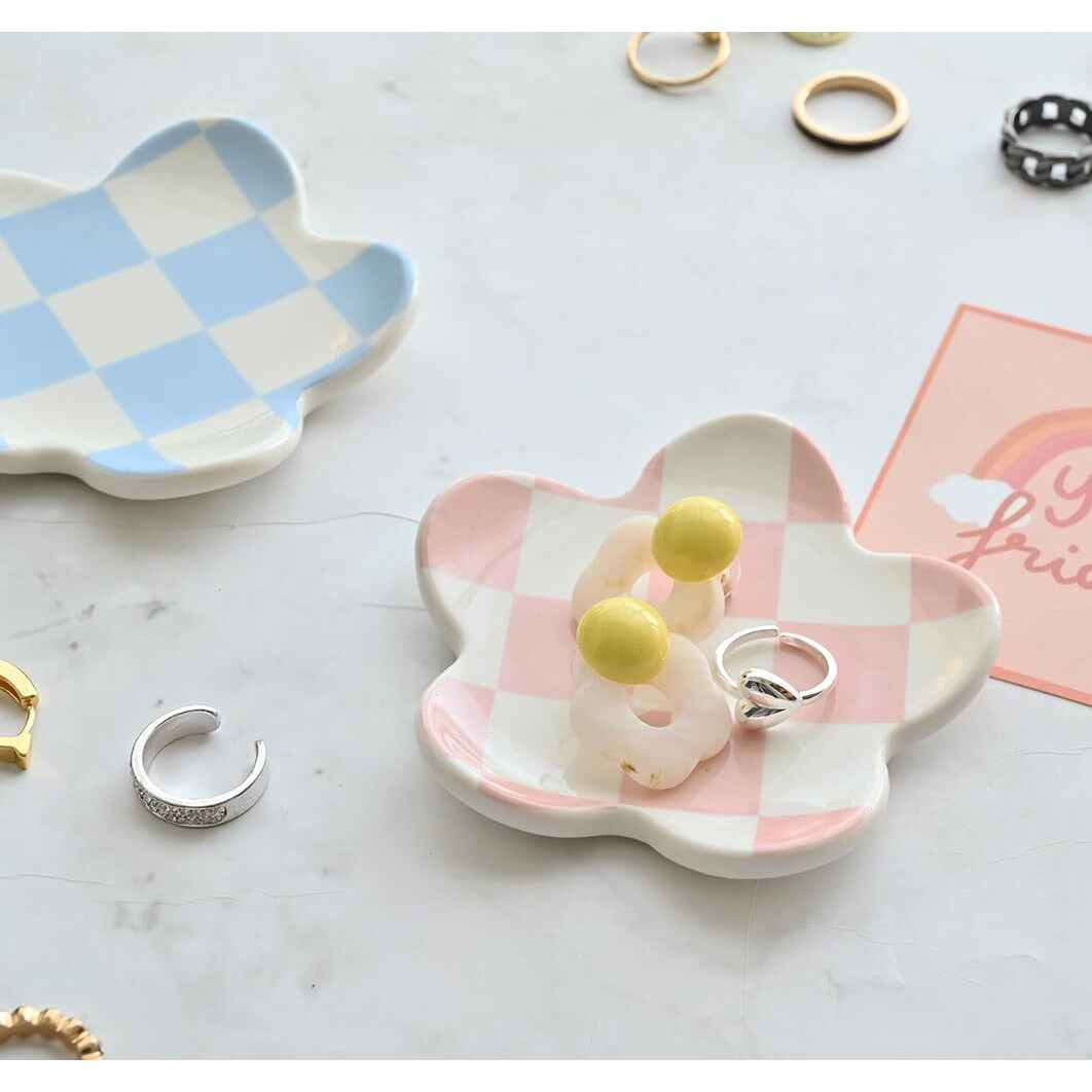 Ovenkei Room Decor Aesthetic Preppy Stuff For Teen Girls Gifts Trendy Stuff Pink Room Decor Aesthetic Room Decor Bedroom Decor Aesthetic Checkered Jewelry Tray