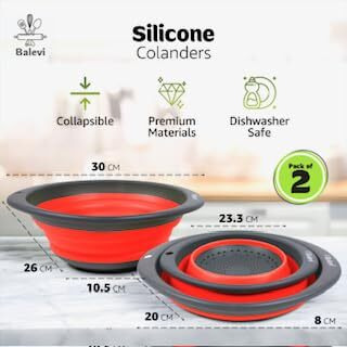 "&quotBalevi Collapsible Strainers For Kitchen - Collapsible Colander Set Of 2 Made Of Silicone - Collapsible Strainer With Little Pegs To Keep Food Elevated - Red ""