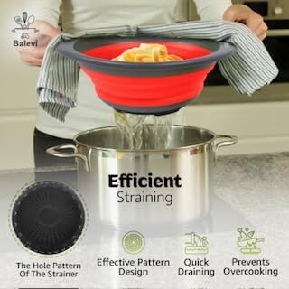 "&quotBalevi Collapsible Strainers For Kitchen - Collapsible Colander Set Of 2 Made Of Silicone - Collapsible Strainer With Little Pegs To Keep Food Elevated - Red ""