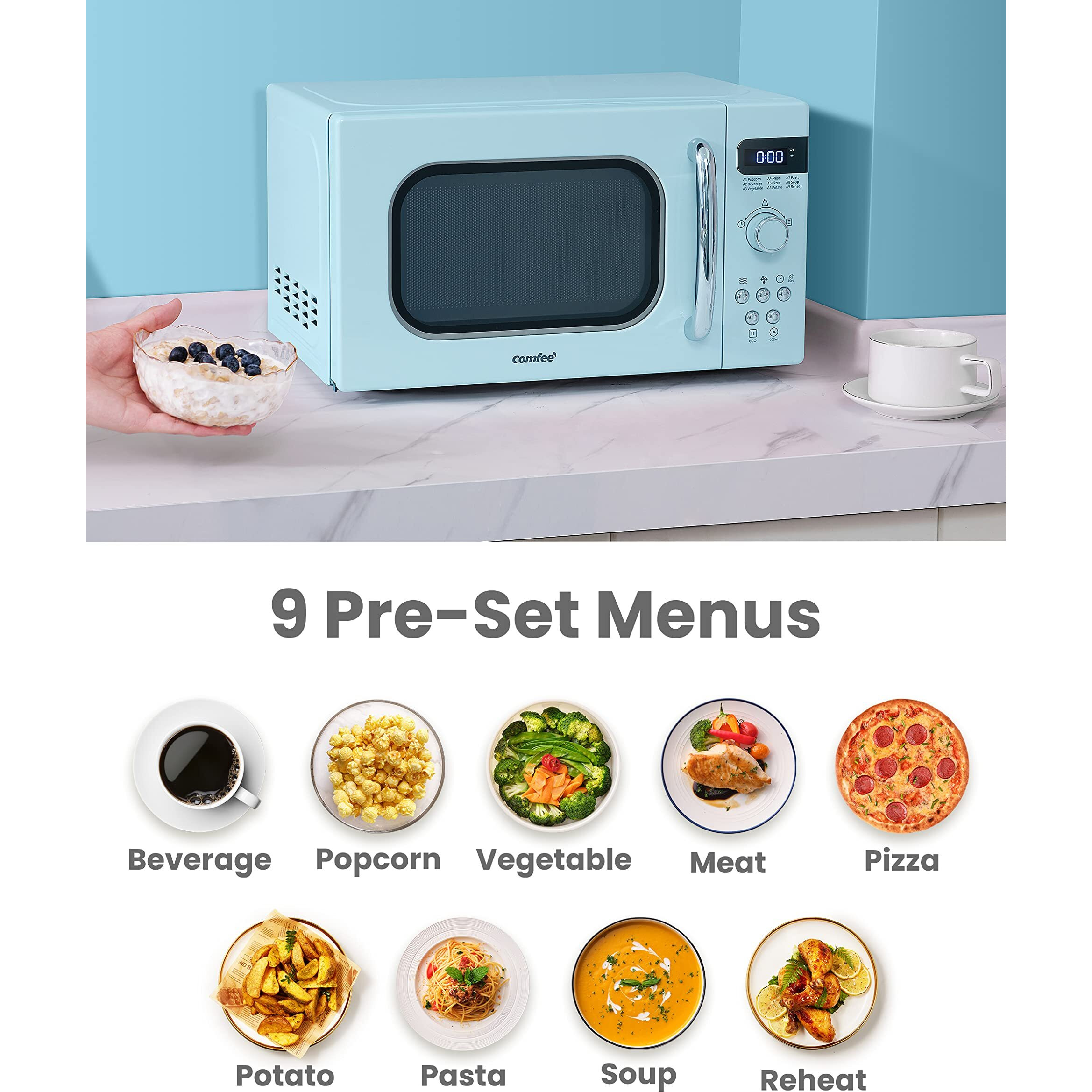 Comfee' Retro Small Microwave Oven With Compact Size, 9 Preset Menus, Position-Memory Turntable, Mute Function, Countertop Microwave For Small Spaces, 0.7 Cu Ft/700W, Green, Am720C2Ra-G