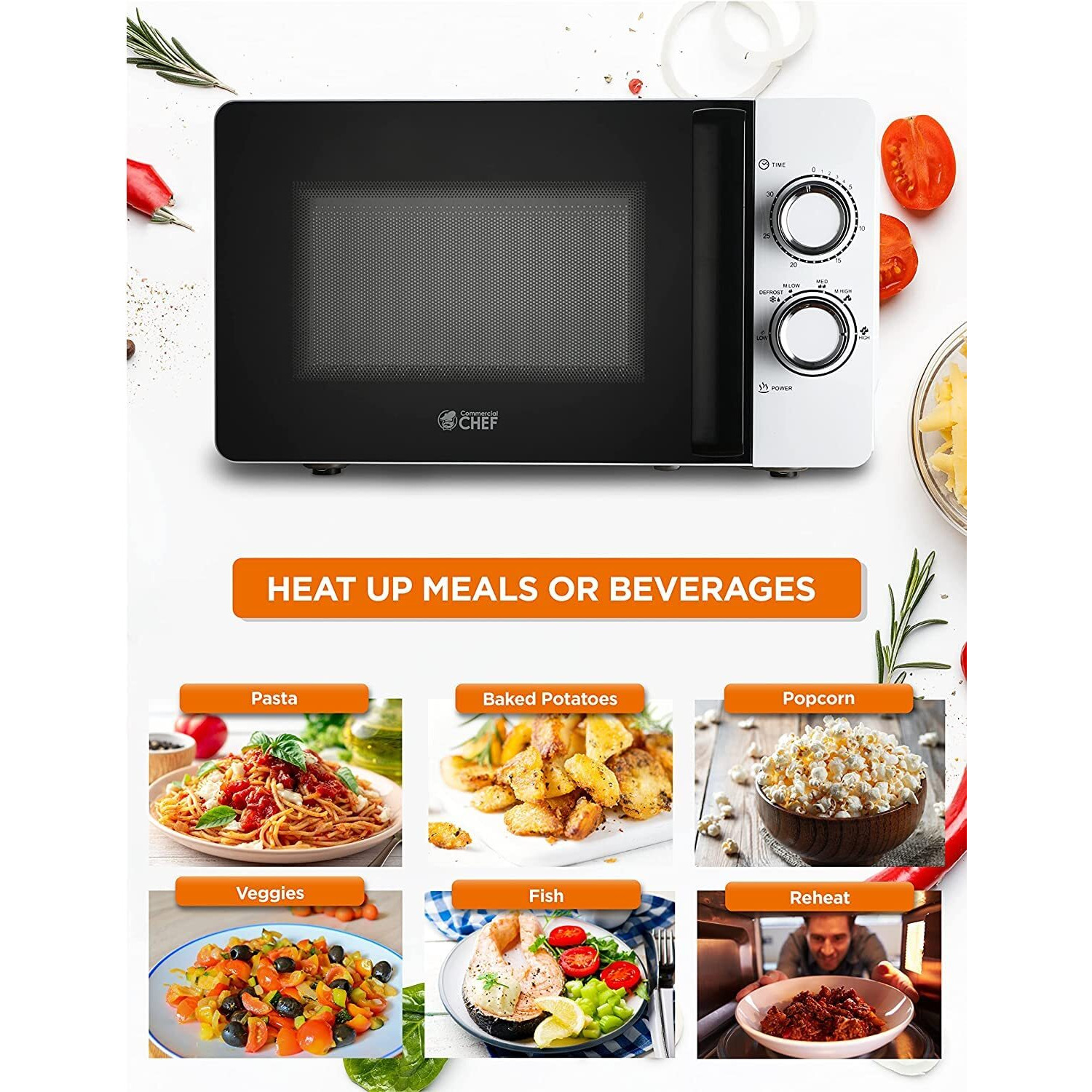 Commercial Chef White Microwave 0.7 Cu. Ft. With Rotary Switch Knob, 700W Countertop Small Microwave With Microwave Turntable Plate, 6 Level Power Tabletop Microwave With Microwave Handle