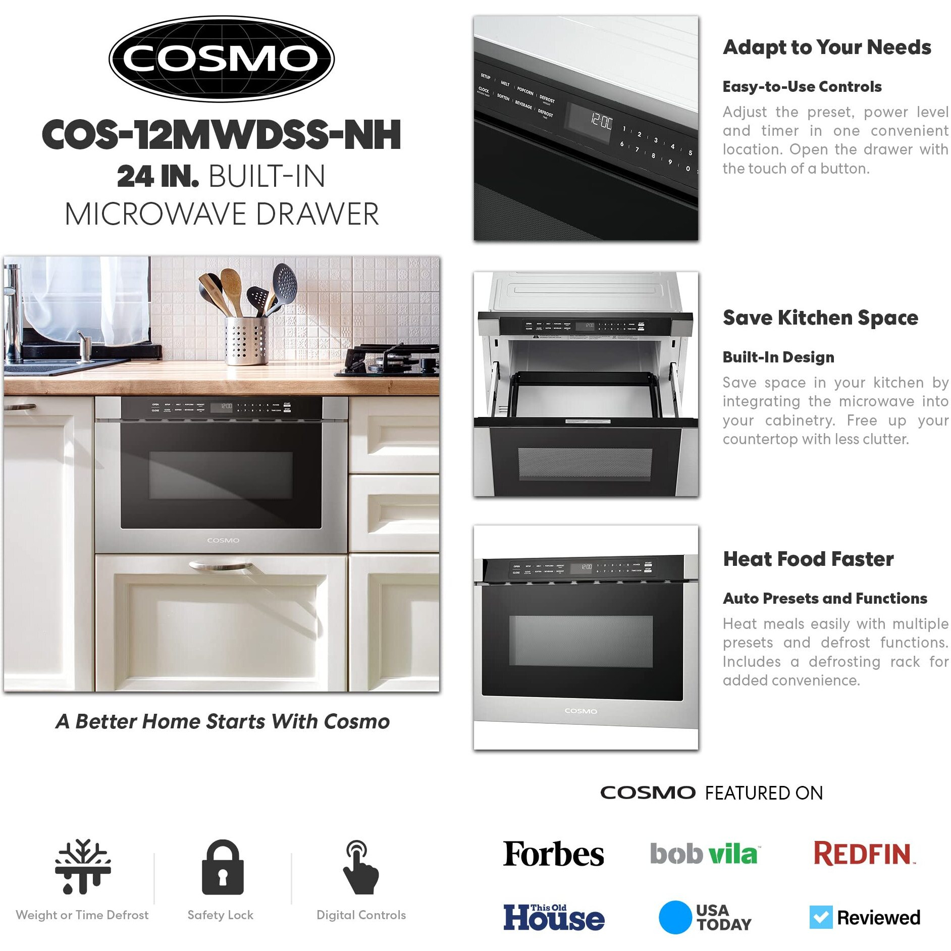 Cosmo Cos-12Mwdss-Nh 24 In. Built-In Microwave Drawer With Automatic Presets, Touch Controls, Defrosting Rack And 1.2 Cu. Ft. Capacity In Stainless Steel