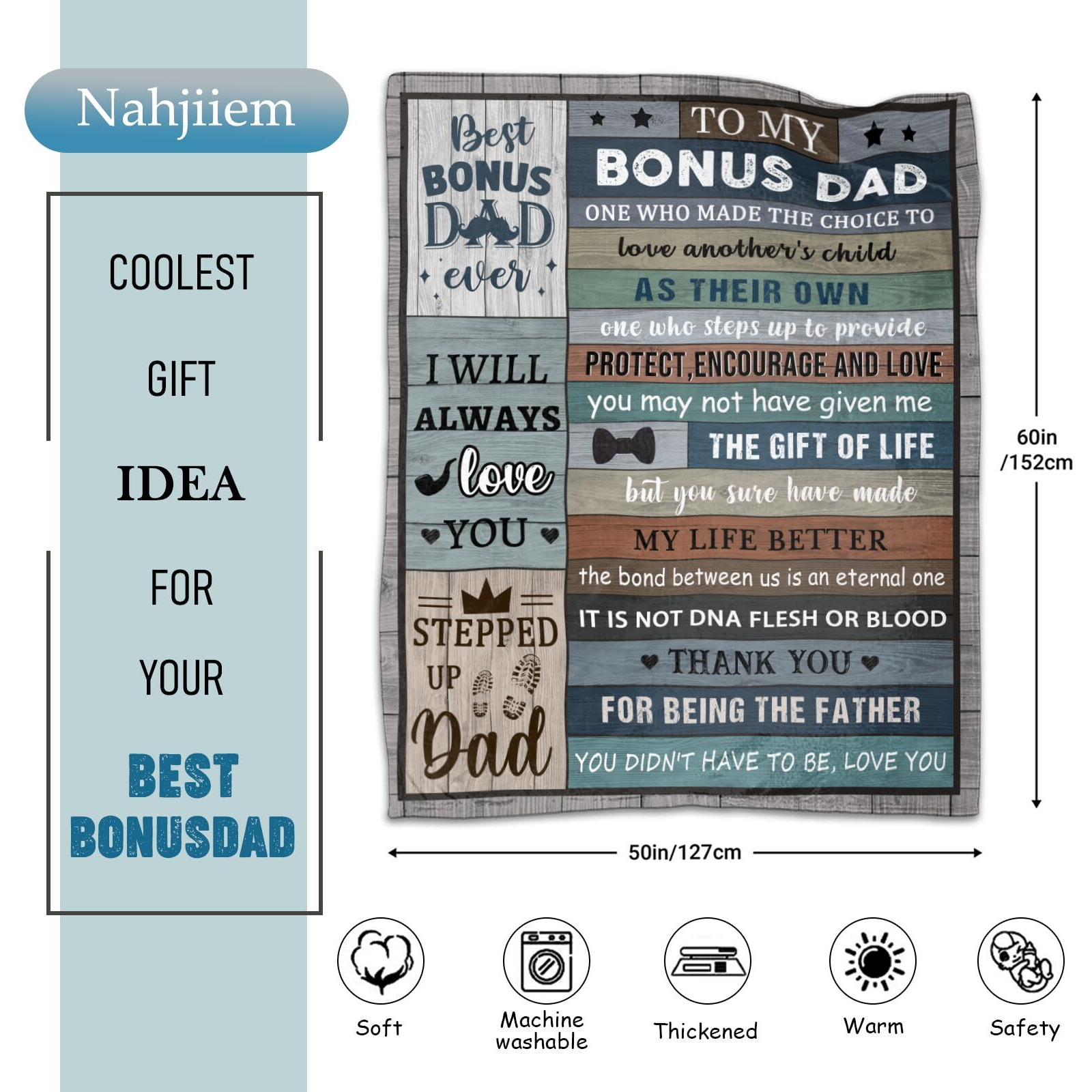 Nahjiiem Bonus Dad Fathers Day Blanket Gifts, Step Dad Birthday Ideas From Daughter Son,To My Best Bonus Dad Ever Throw Blanket 50''X60''