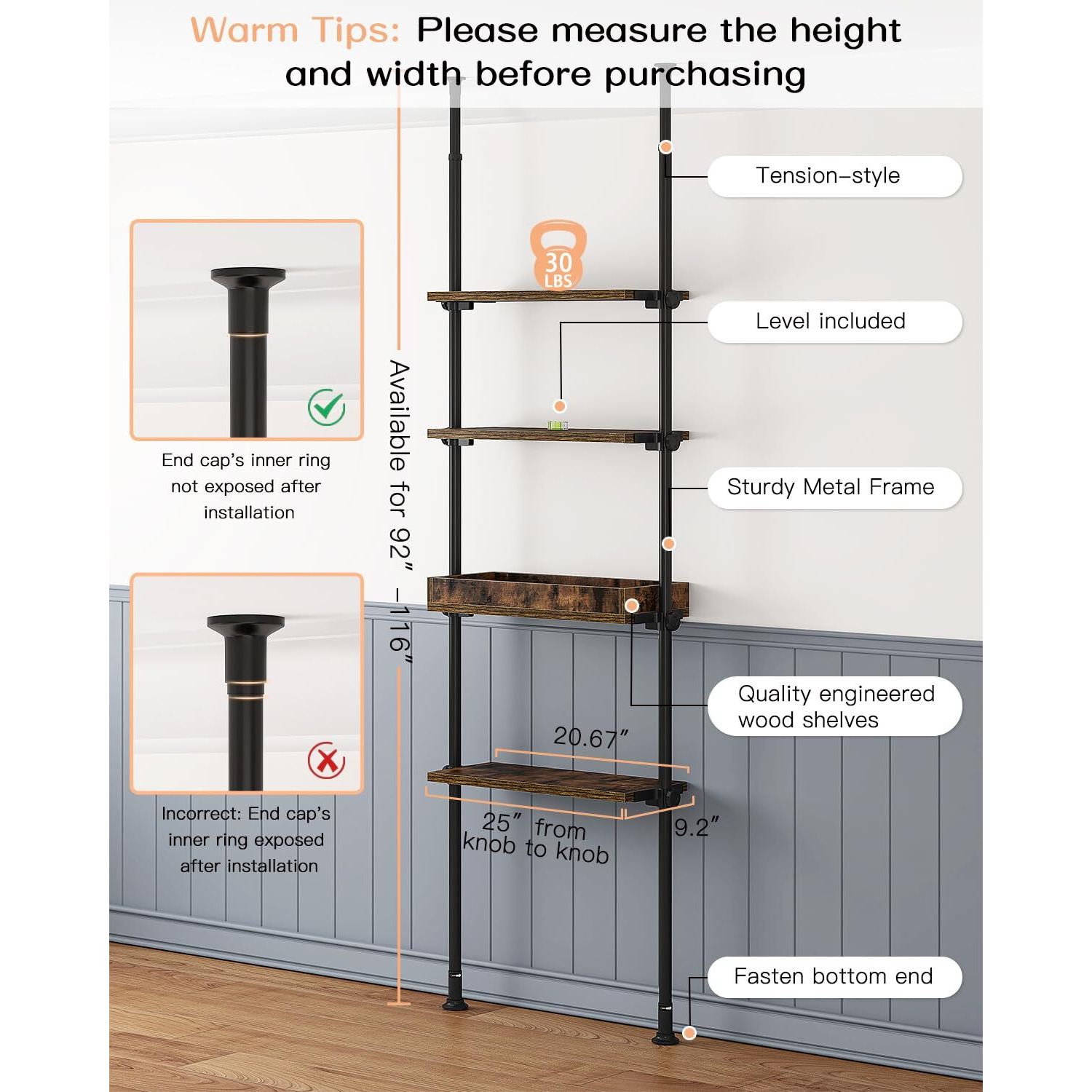 Allzone 4-Tier Over The Toilet Storage Shelf, Wood Bathroom Organizer Over Toilet Cabinet With Adjustable Shelf, Versatile Rack Fits Most Tight Space, Easy Assembly, 92"" To 116"" Height, Rustic Brown