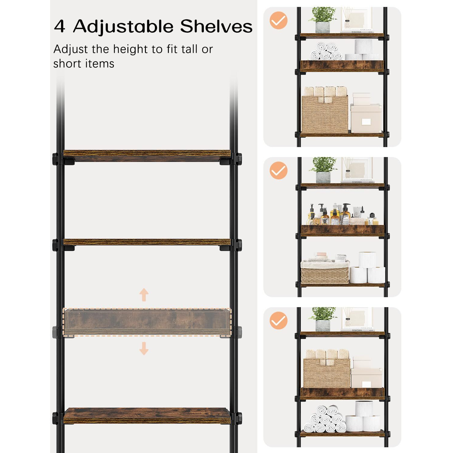 Allzone 4-Tier Over The Toilet Storage Shelf, Wood Bathroom Organizer Over Toilet Cabinet With Adjustable Shelf, Versatile Rack Fits Most Tight Space, Easy Assembly, 92"" To 116"" Height, Rustic Brown
