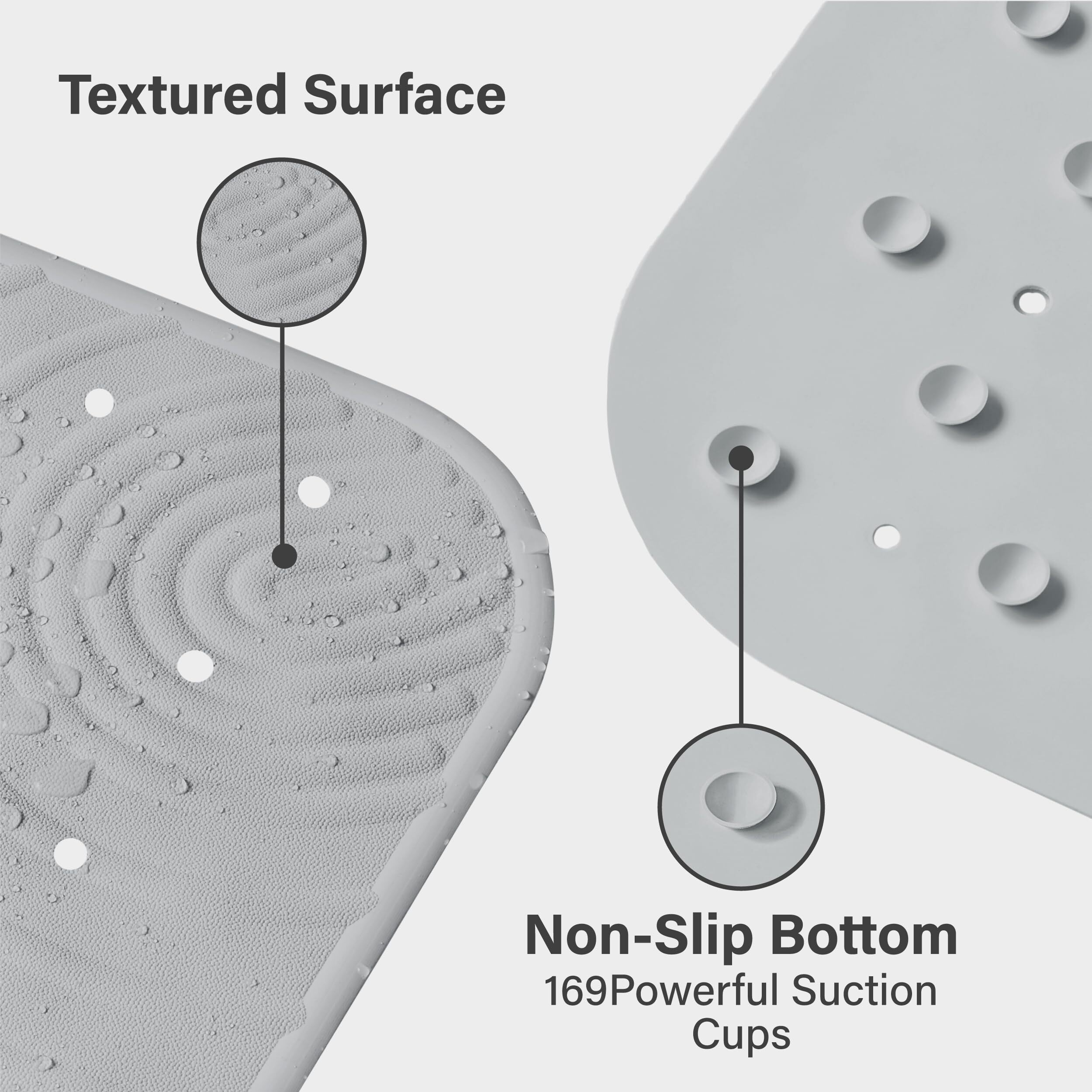 Selfsuite Extra Long Rubber Bathtub Mat, Non-Slip Shower Tub Mat, 39X16 Inch, Bath Tub Floor Mat With Suction Cups And Drainage Holes, Grey