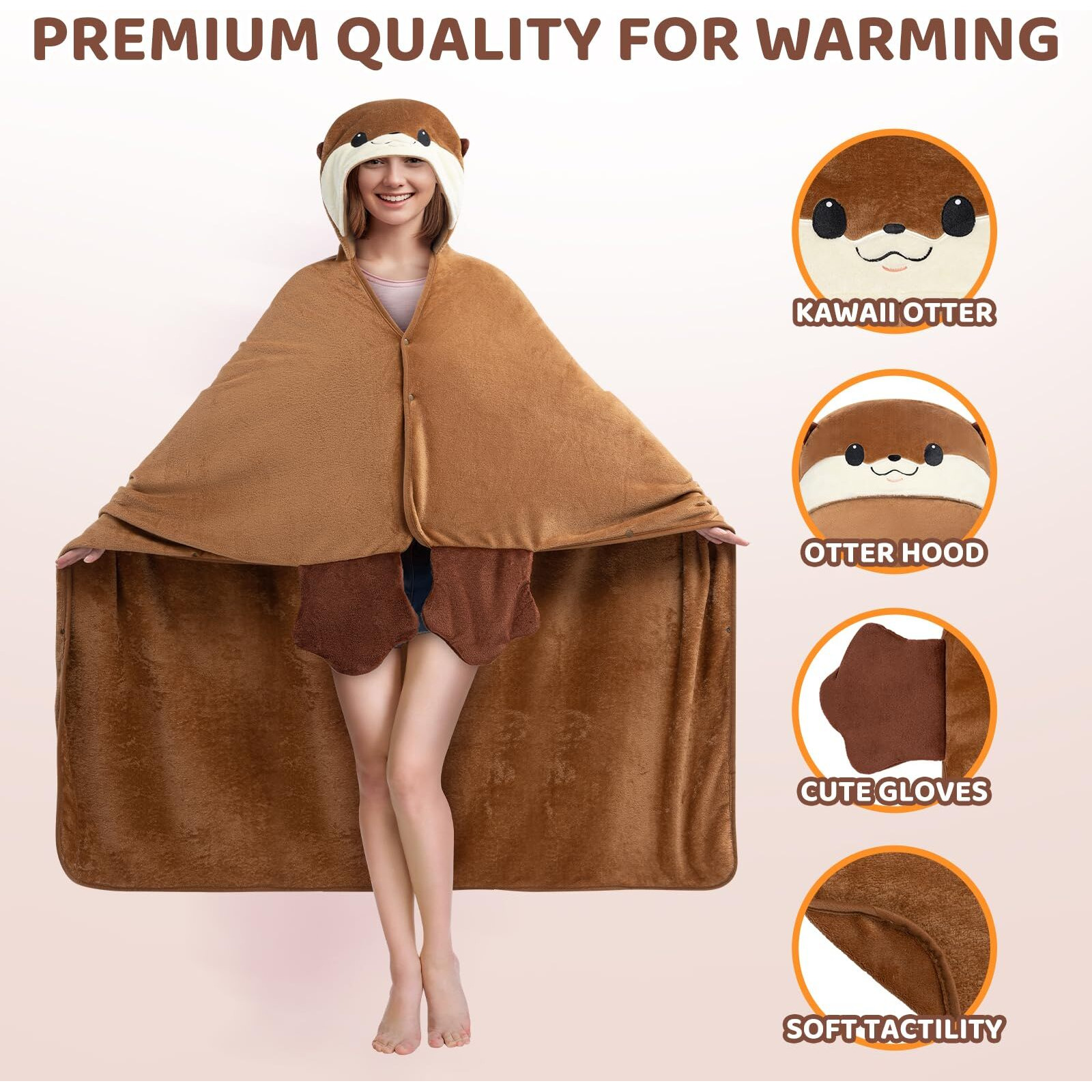 Mewaii Otter Wearable Hooded Blanket, Soft Flannel Throw Blanket Cloak Wrap, Oversize Otter Costume Outfits, Cozy Warm Adult Animal Blanket Hoodies With Gloves, Kawaii Gift For Women Men Teens Kids