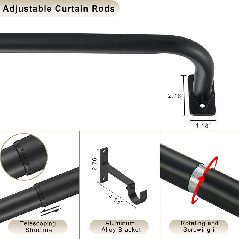 Matte Black Curtain Rods For Window 28-53 "", Wrap Around Curtain Rod, Splicing Curtain Rod Single Window Rod, Room Darkening Curtain Rods, Heavy Duty 1 Inch Diameter Single Drapery Rod Telescoping