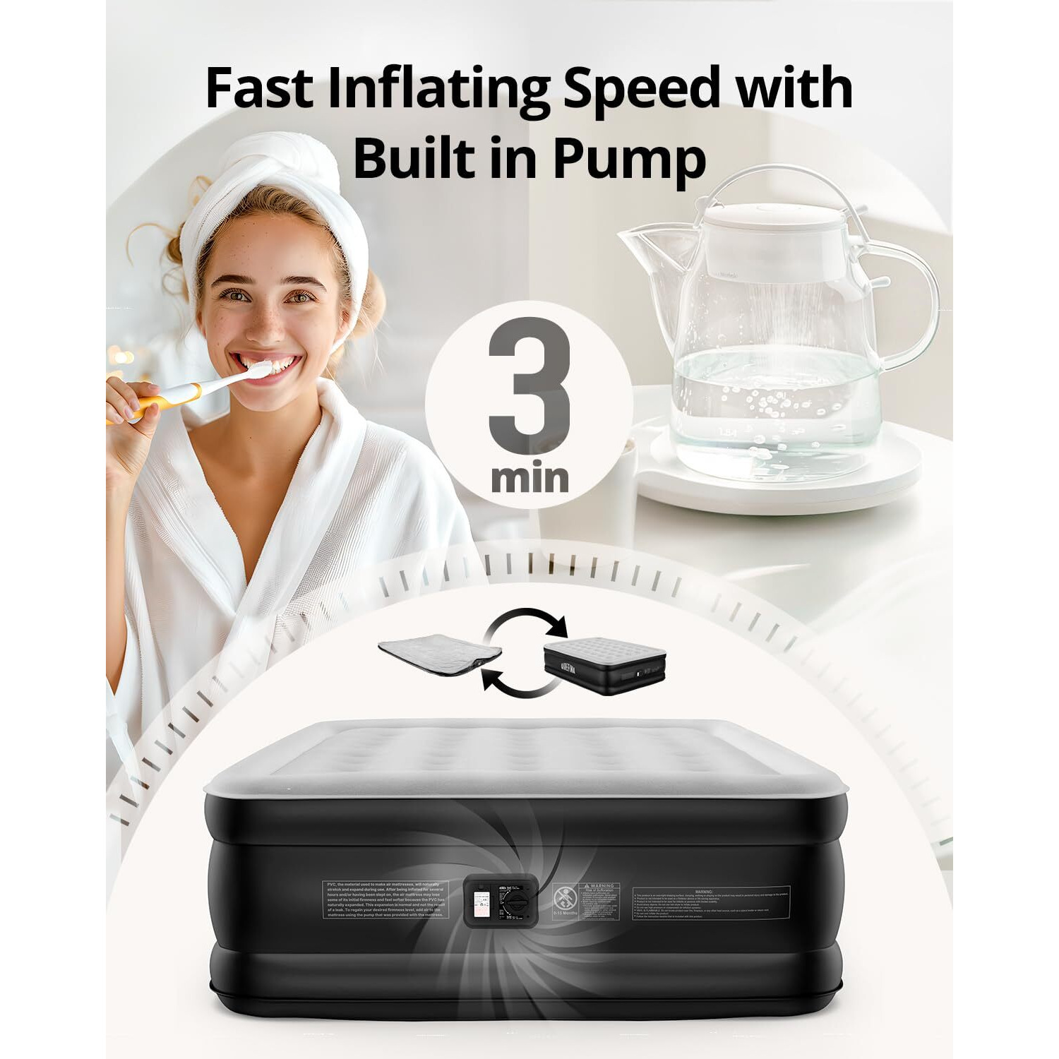 Airefina Air Mattress Queen With Built In Pump, 18 Raised Comfort Blow Up Mattress With Carrying Bag, Portable Inflatable Mattress For Guest Visit Home, Air Bed Colchones Inflables 750 Lbs Max