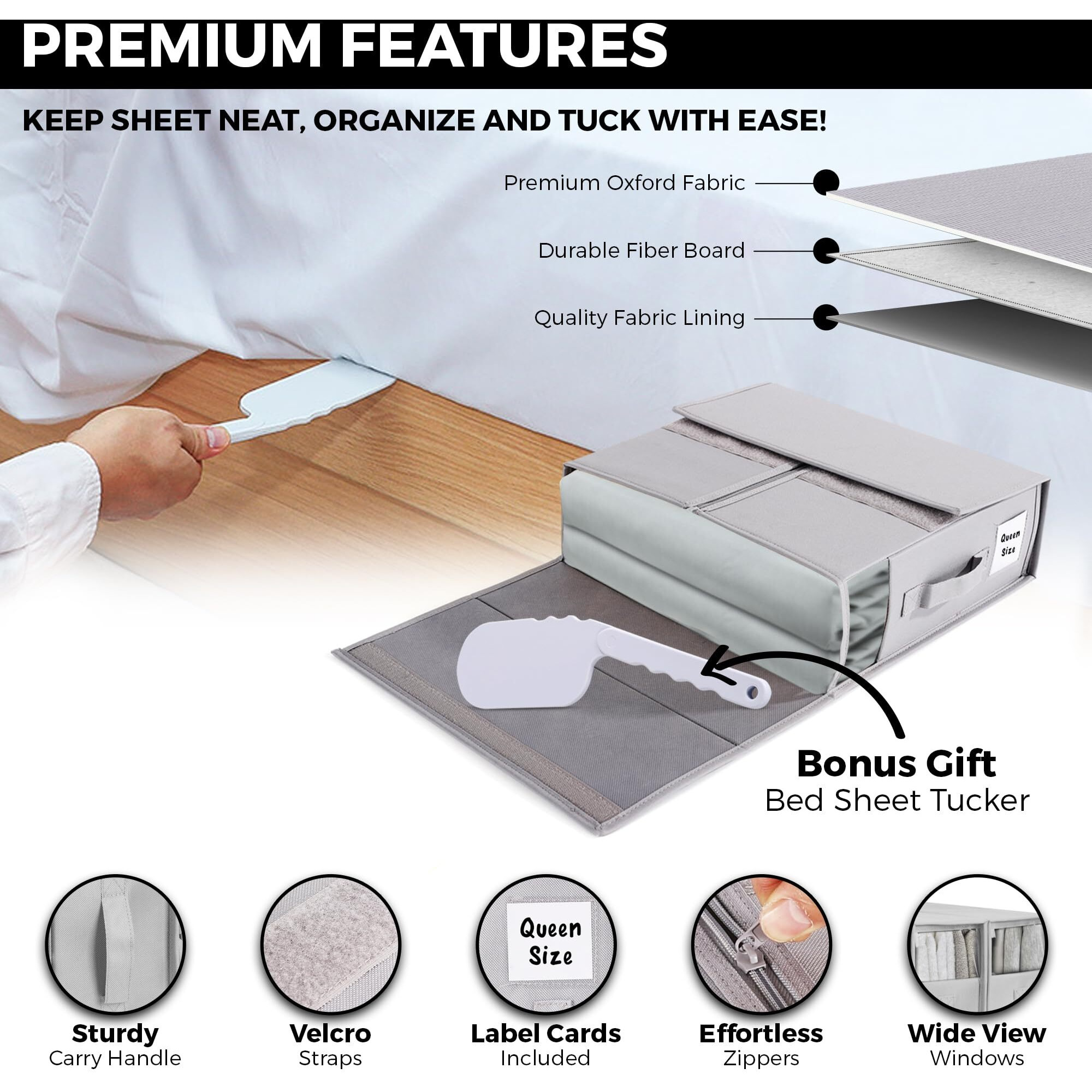 Alcova 4 Pack Bed Sheet Organizers And Storage With 1 Bed Sheet Tucker, Linen Closet Organizer Fits Queen & King Sheets, Bed Sheet Storage Organizer With Wide Window, Blanket Organizers And Storage
