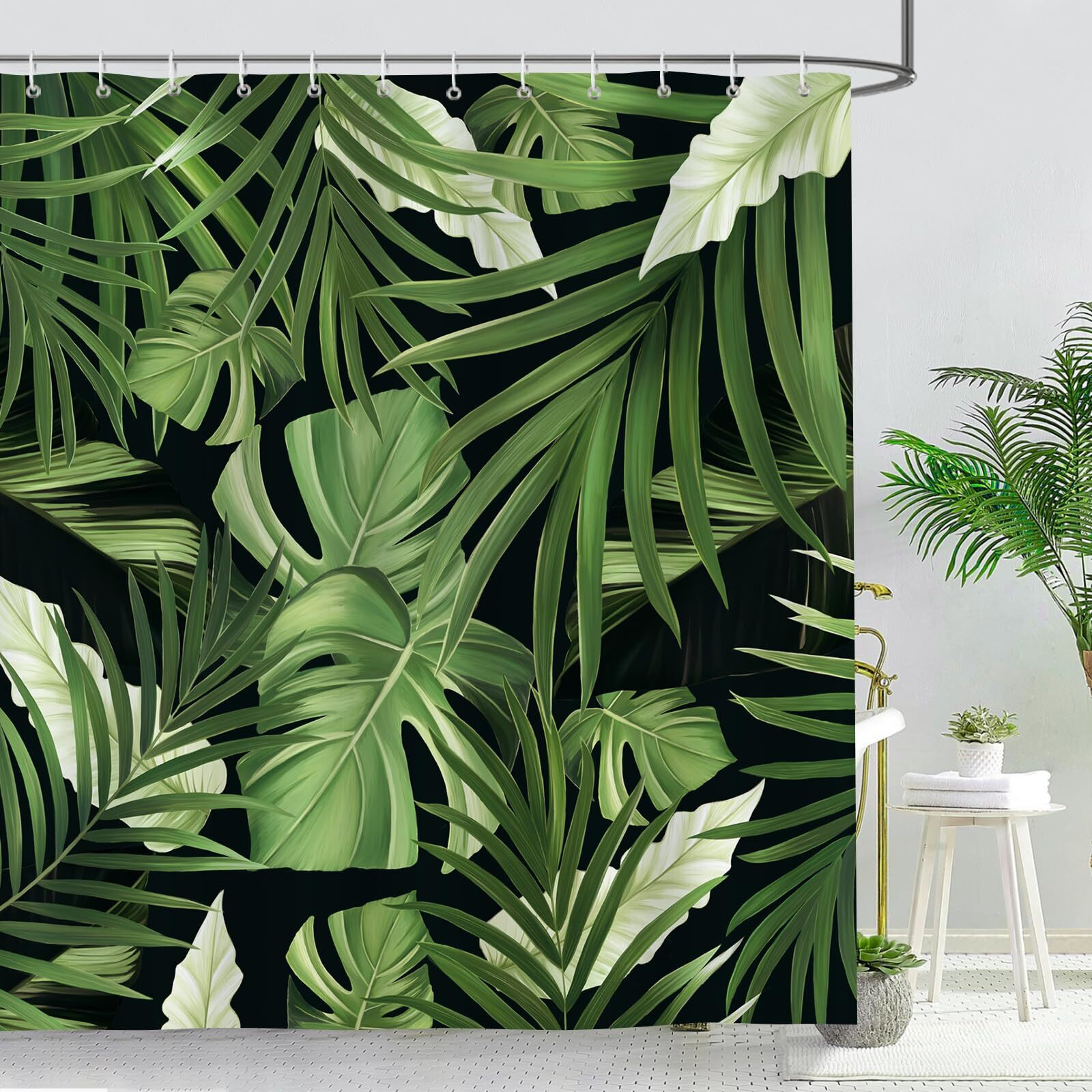 Bonhause Tropical Leaves Shower Curtain, Jungle Nature Theme Dark Green Palm Leaf Monstera Plant Bathroom Curtain 72X72 Inch Polyester Fabric Waterproof Bath Curtain With 12 Hooks