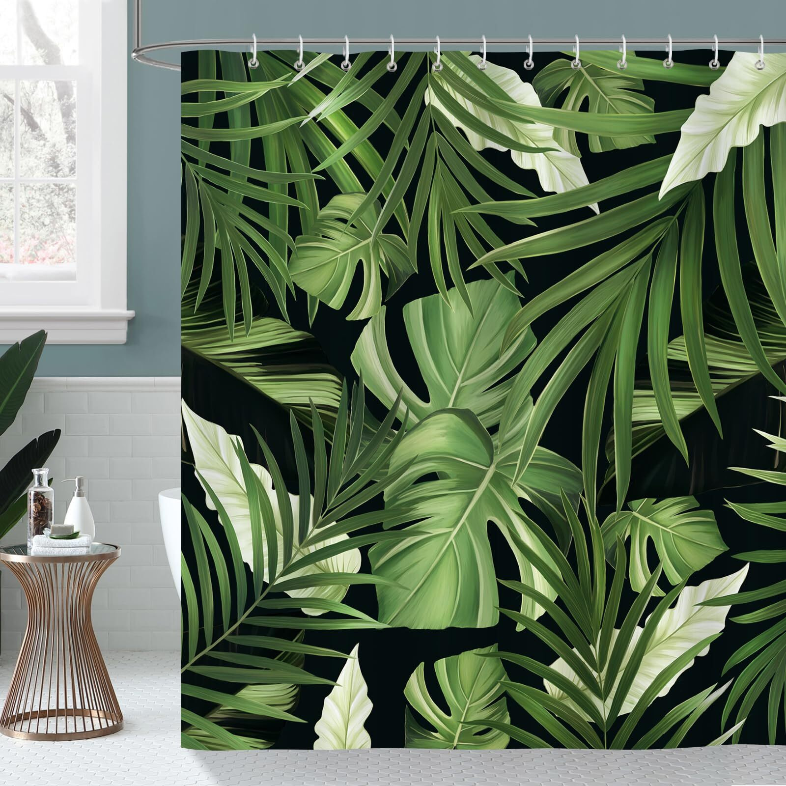 Bonhause Tropical Leaves Shower Curtain, Jungle Nature Theme Dark Green Palm Leaf Monstera Plant Bathroom Curtain 72X72 Inch Polyester Fabric Waterproof Bath Curtain With 12 Hooks