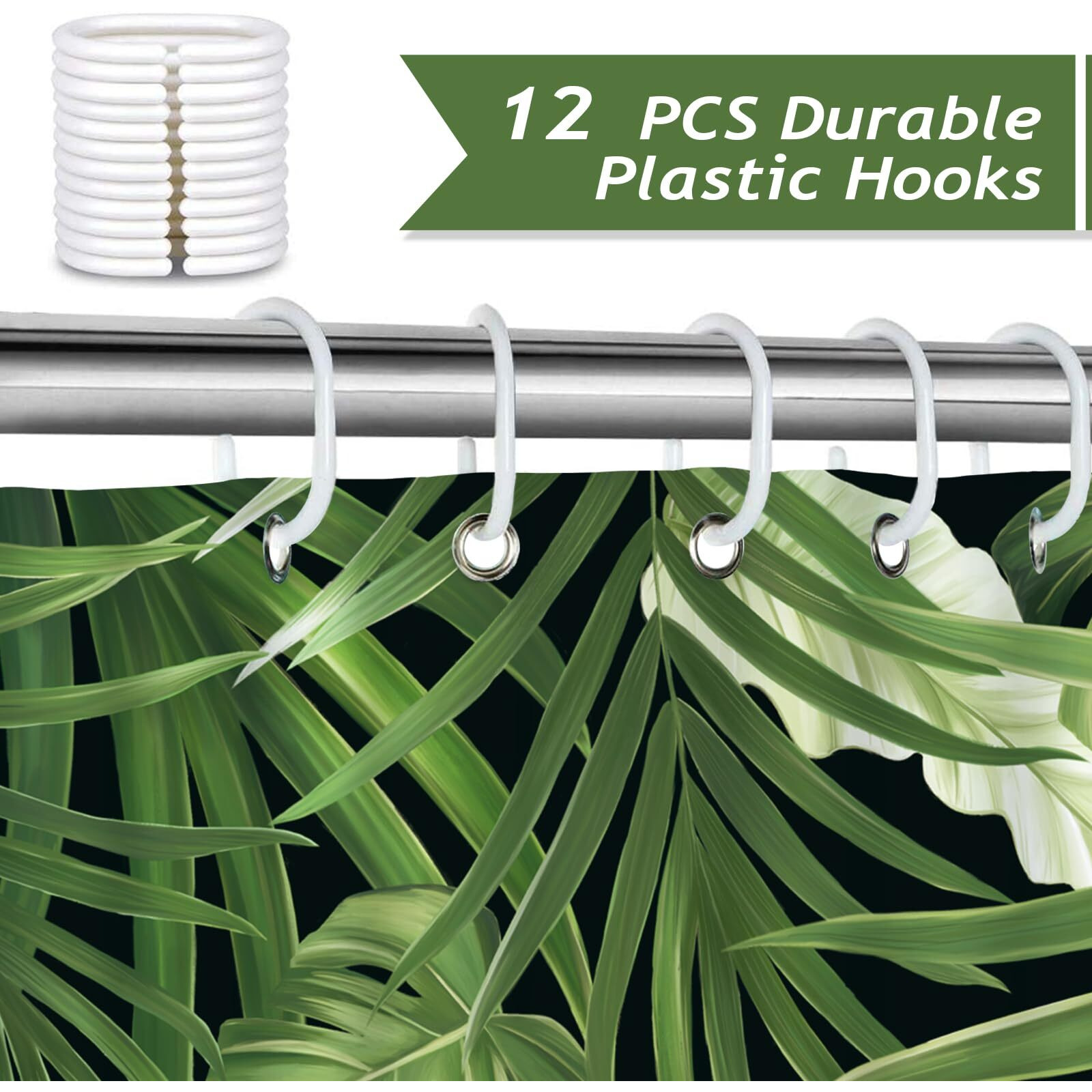 Bonhause Tropical Leaves Shower Curtain, Jungle Nature Theme Dark Green Palm Leaf Monstera Plant Bathroom Curtain 72X72 Inch Polyester Fabric Waterproof Bath Curtain With 12 Hooks