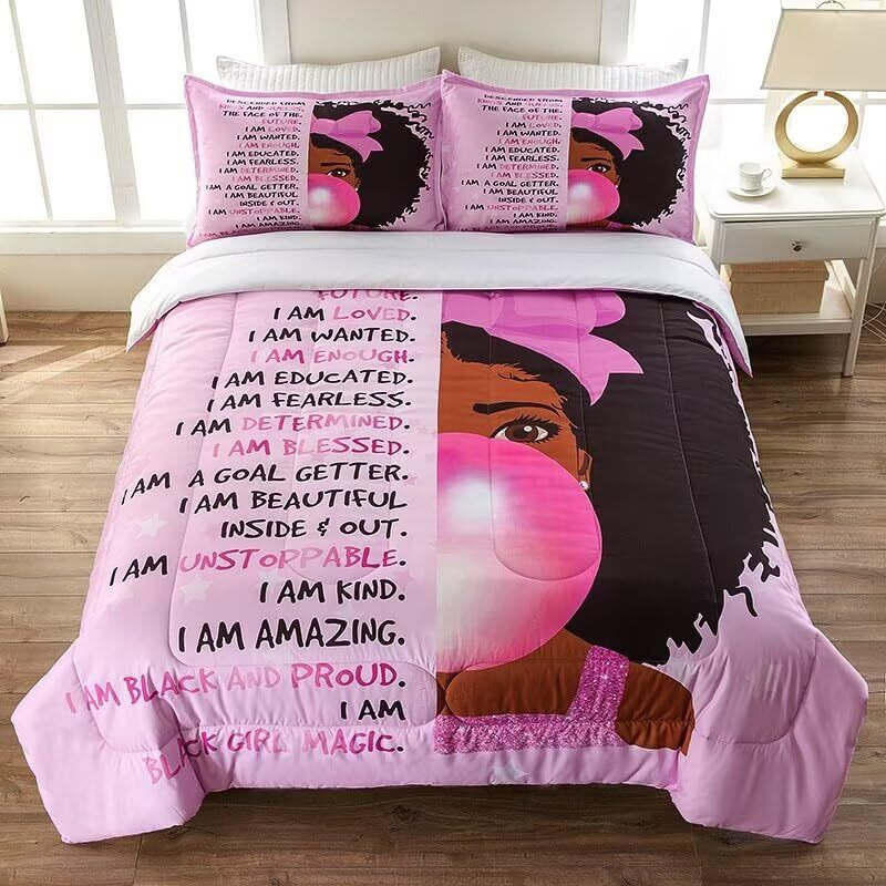 Grat Tioc Black Girl Bubble Gum Comforter Twin For Kids Teens,Black Girl Magic Bedding Set,African American Girl Inspirational Quotes Bed Comforter Set,Black Princess Bedroom Set