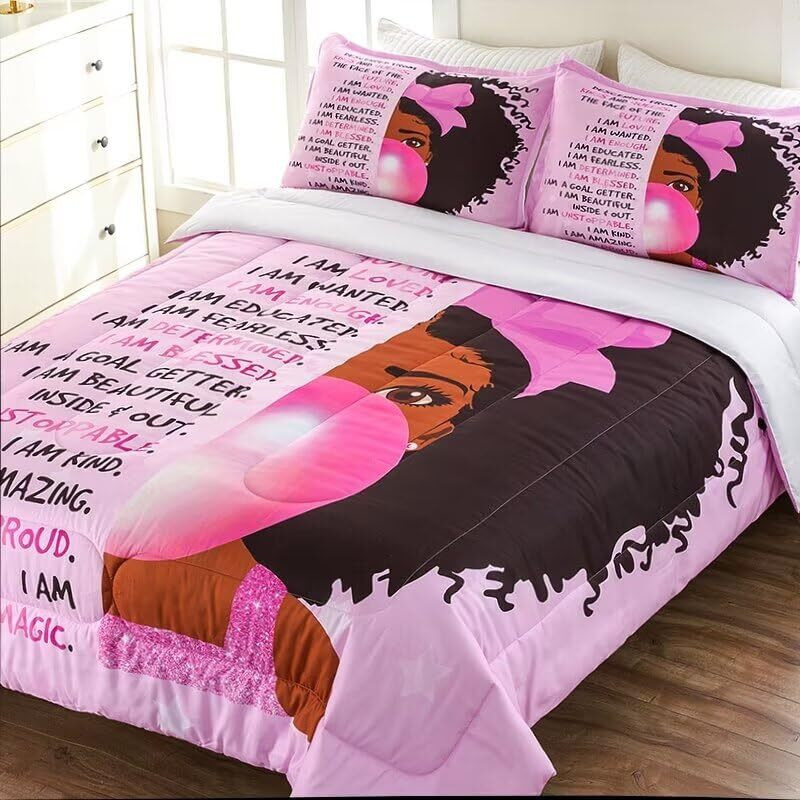Grat Tioc Black Girl Bubble Gum Comforter Twin For Kids Teens,Black Girl Magic Bedding Set,African American Girl Inspirational Quotes Bed Comforter Set,Black Princess Bedroom Set