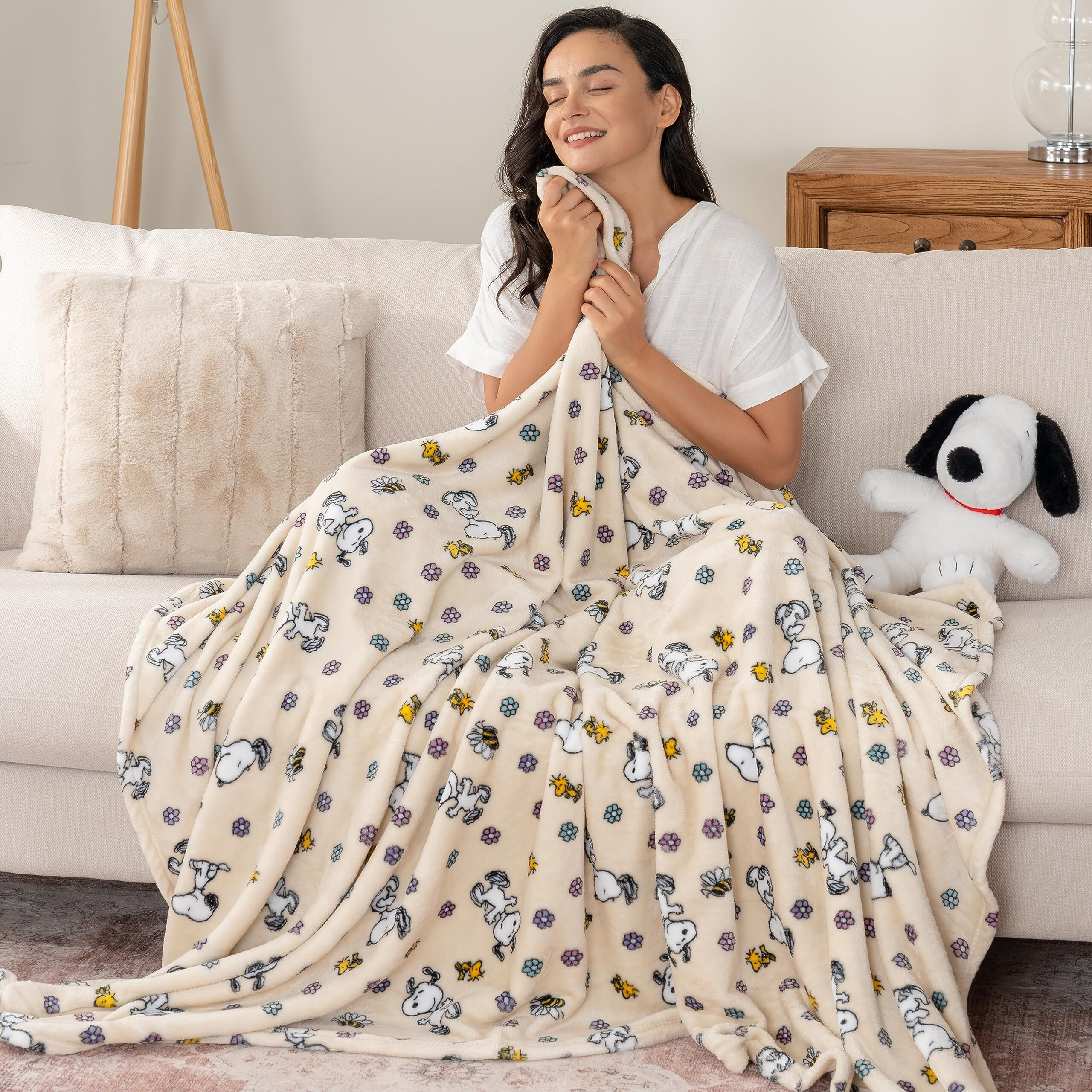 Berkshire Blanket Peanuts Velvetloft Cute Character Snoopy Plush Throw Blanket,Peanuts Woodstock Snoopy Spring Frolic Large Canvas,55 In X 70 In (Official Peanuts Product)