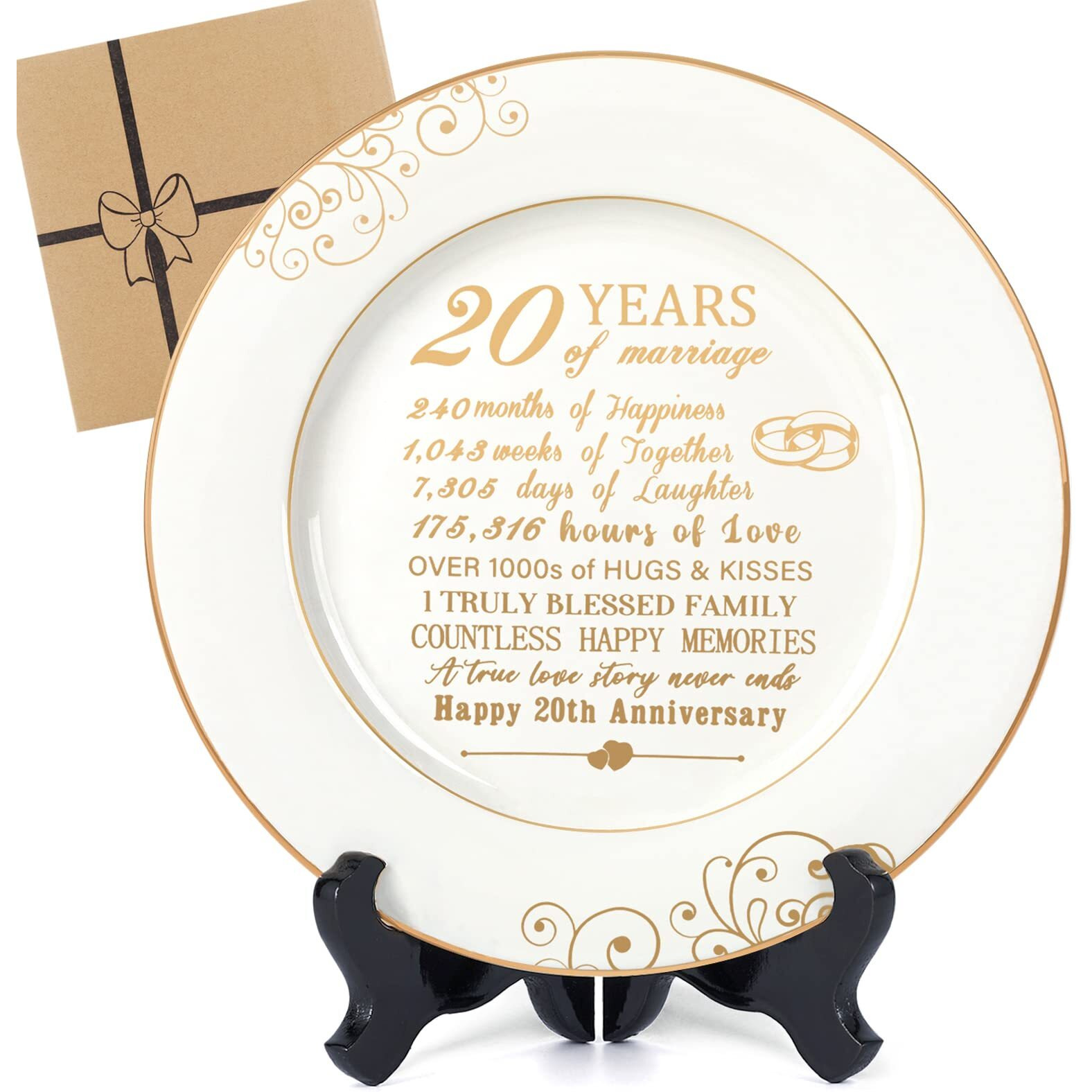 Urllinz 20Th Anniversaty Plate With 24K Gold Foil-20Th Anniversary Wedding Gifts For Wife,20 Year Anniversary Wedding Gifts Decorations For Couple Him Her Husband,Ceramic Plate With Stand 9""
