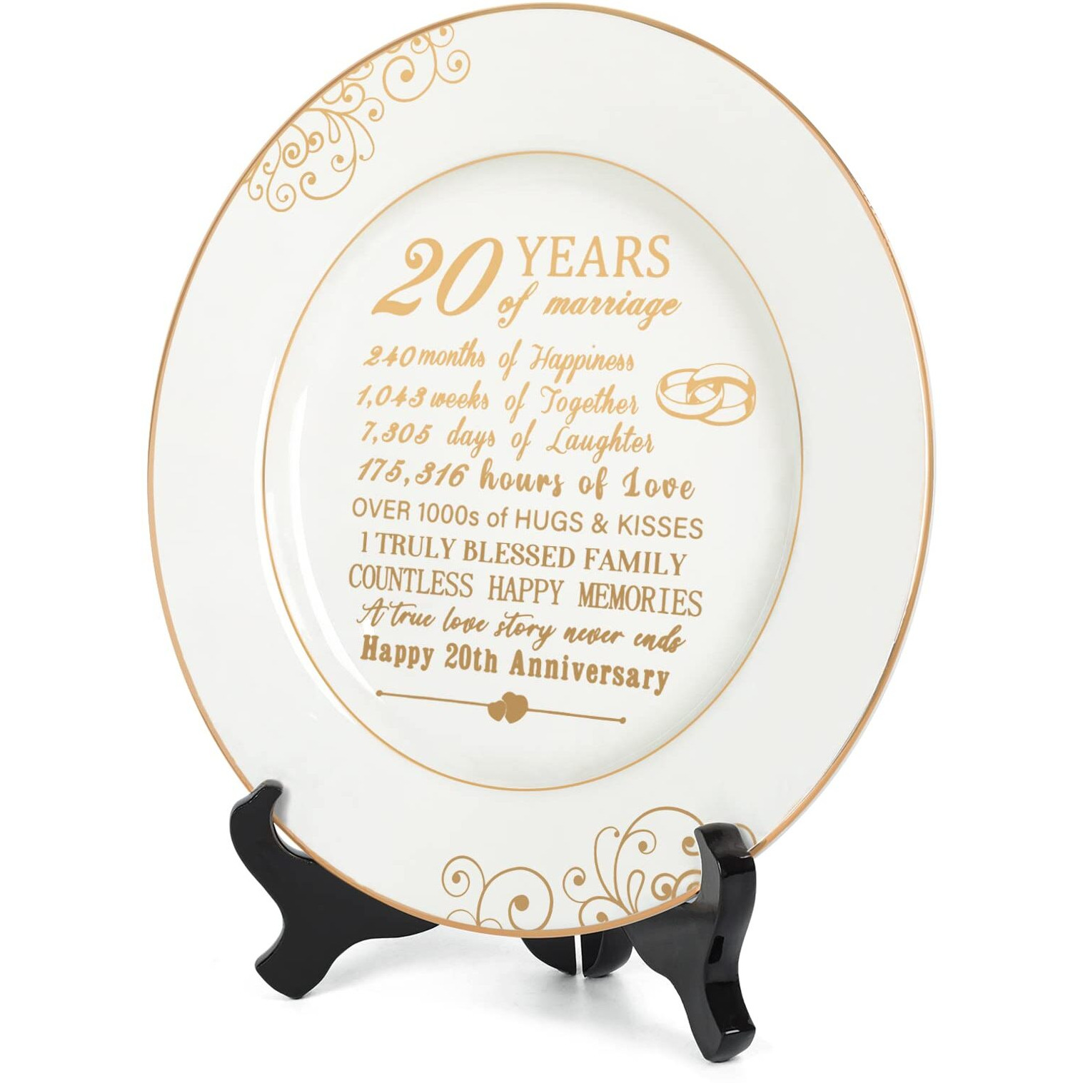 Urllinz 20Th Anniversaty Plate With 24K Gold Foil-20Th Anniversary Wedding Gifts For Wife,20 Year Anniversary Wedding Gifts Decorations For Couple Him Her Husband,Ceramic Plate With Stand 9""