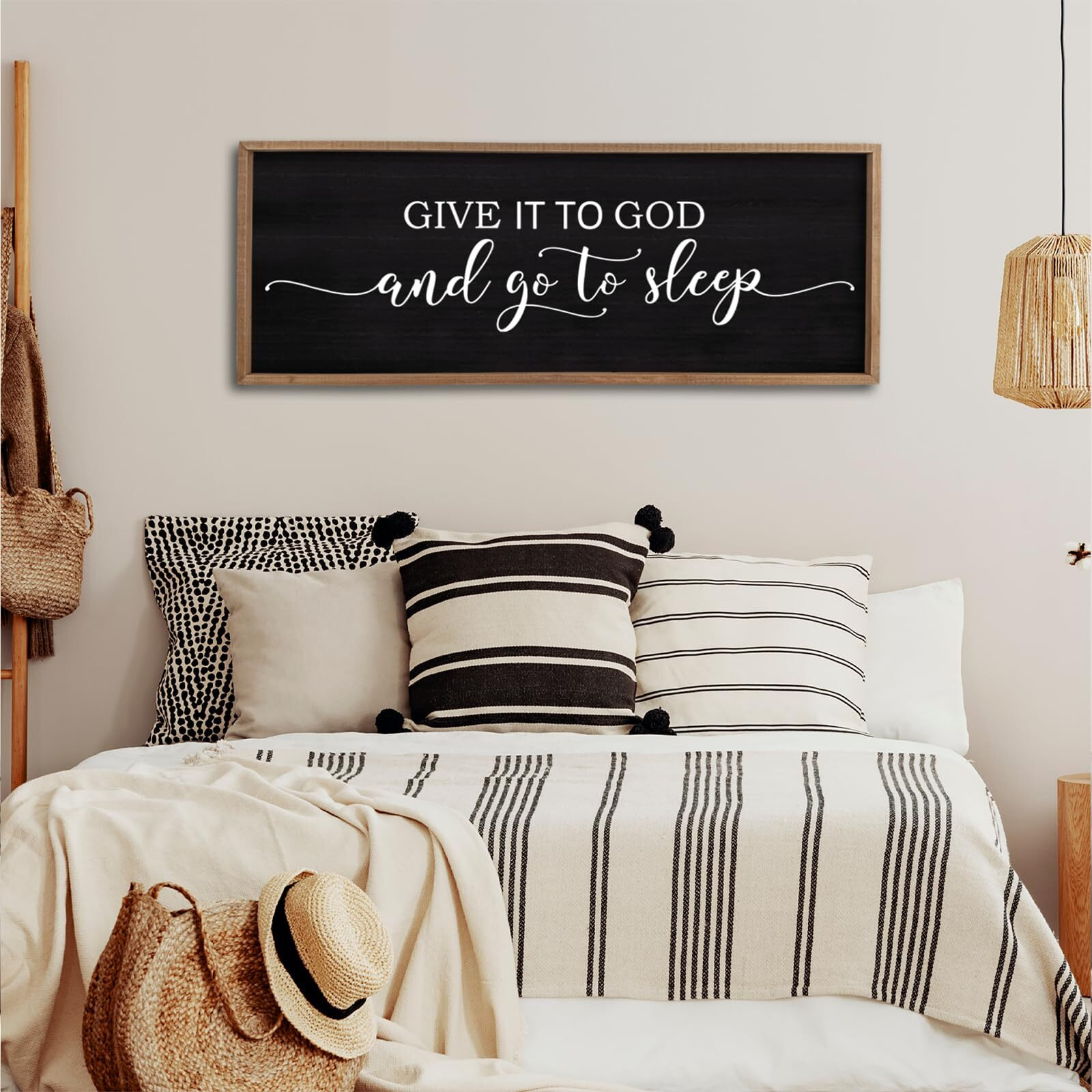 Give It To God And Go To Sleep Sign Wall Decor 40"&quotX15"" Master Bedroom Above Bed Large Farmhouse Wall Decor Wood Rustic Framed Over Bed Wall Art Hanging Decoration(Wood Black)