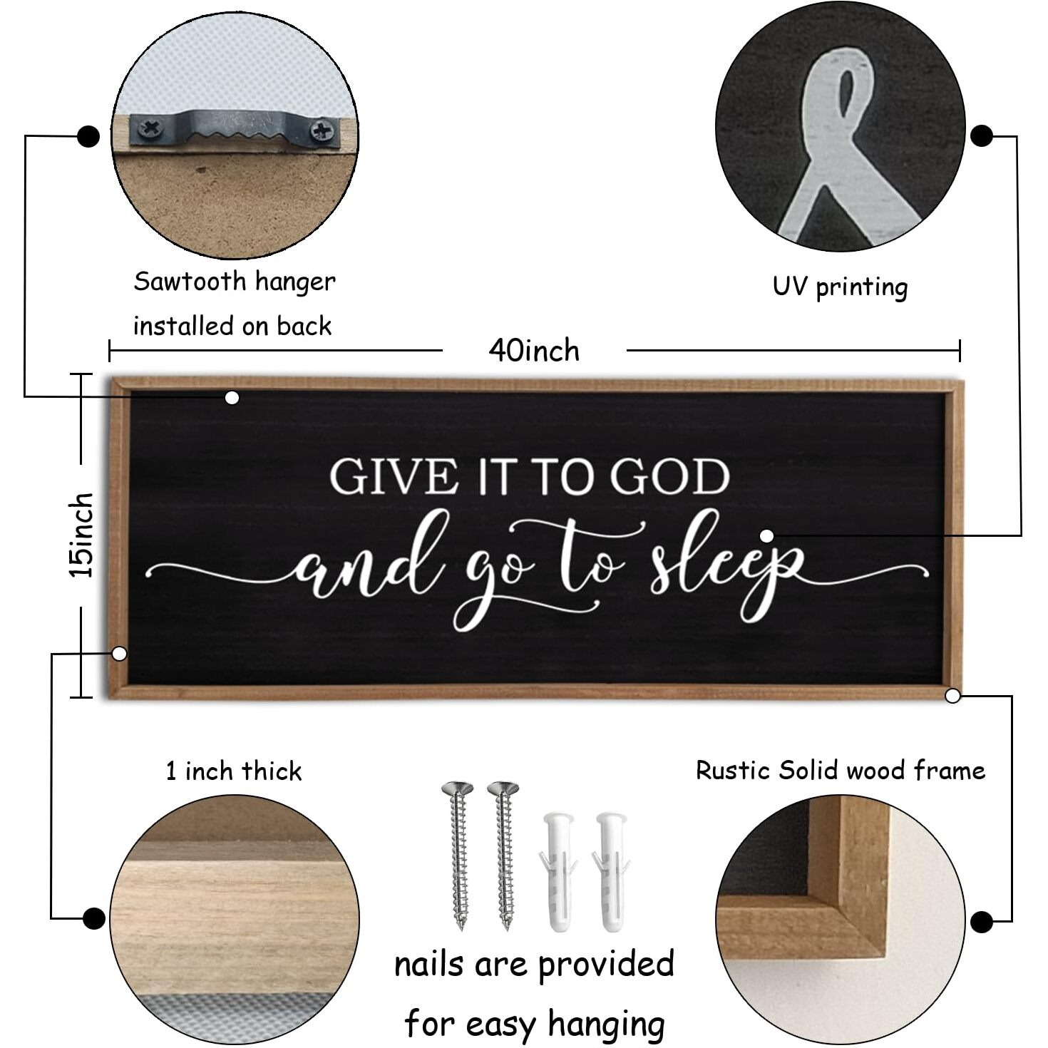 Give It To God And Go To Sleep Sign Wall Decor 40"&quotX15"" Master Bedroom Above Bed Large Farmhouse Wall Decor Wood Rustic Framed Over Bed Wall Art Hanging Decoration(Wood Black)