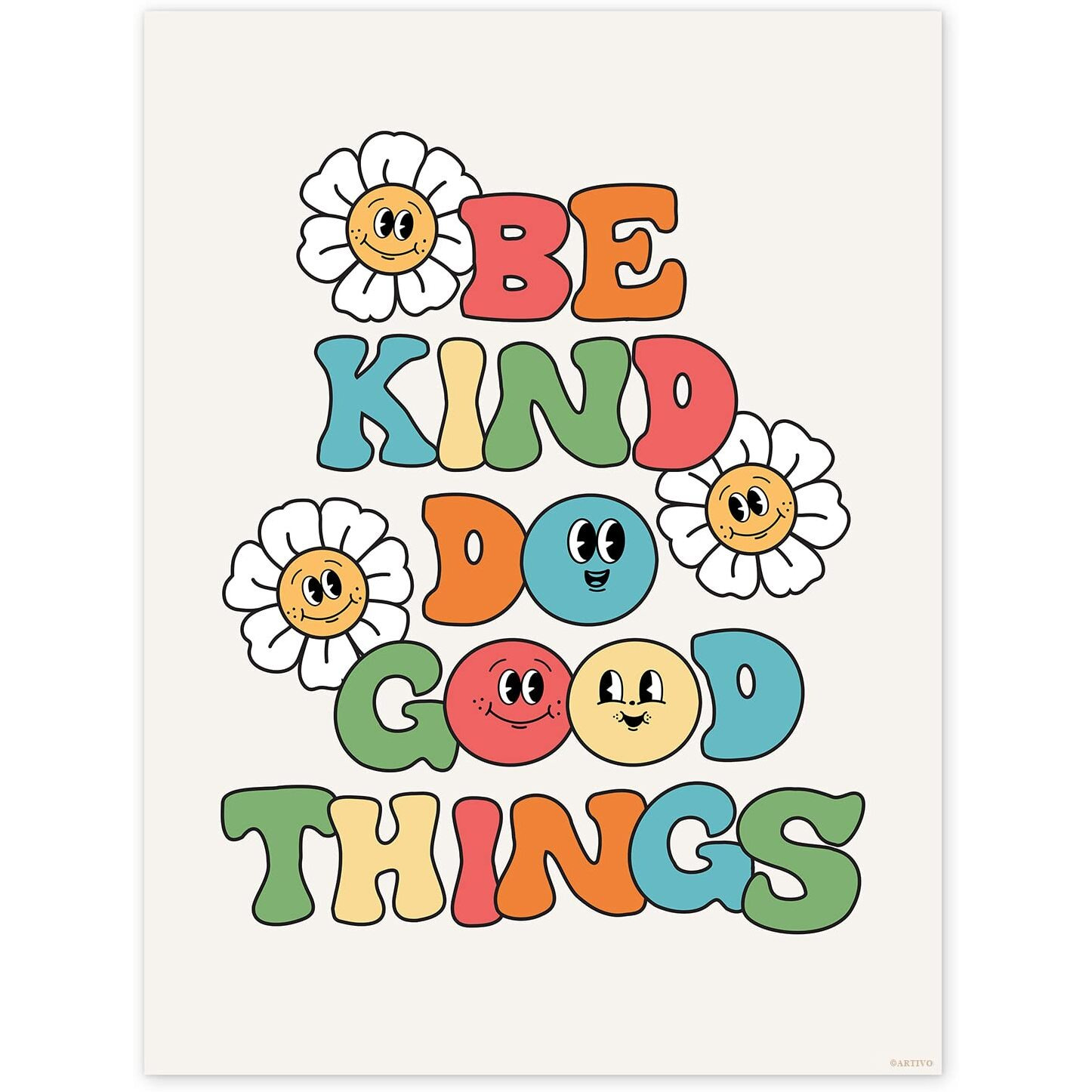 Retro Poster Wall Art Print, Be Kind Poster, Positive Quote Wall Art, Colorful Wall Decor, Cute Room Decor, Rainbow Retro Aesthetic Decor