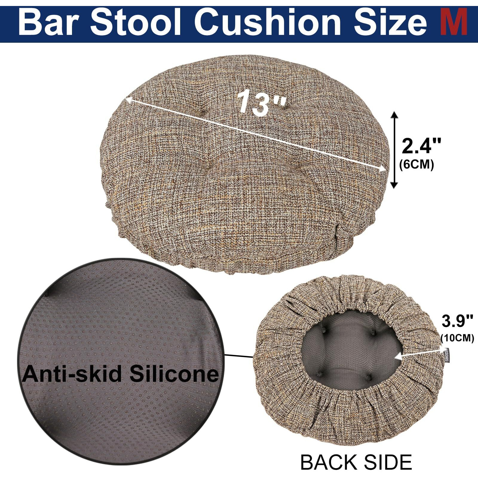 Sinosso Modern Linen Bar Stool Cushion Dia.13, Fashion Interweaving Design Anti-Skid Silicone Round Stool Seat Cushion Cover Padded (Light Brown, M,1)