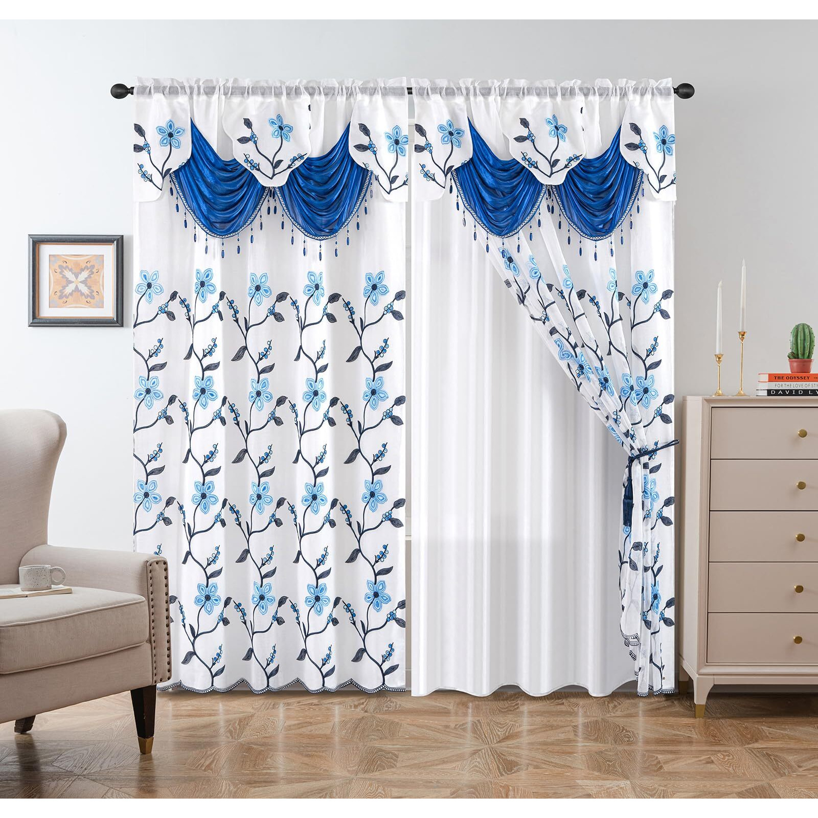 Petrichor Embroidery Sheer Curtain 2 Panels Set - Luxury Window Curtain Attached Valance With Satin Backing And 2 Tie Backs For Living Room,Dining Room, 54X95 Inches, Navy