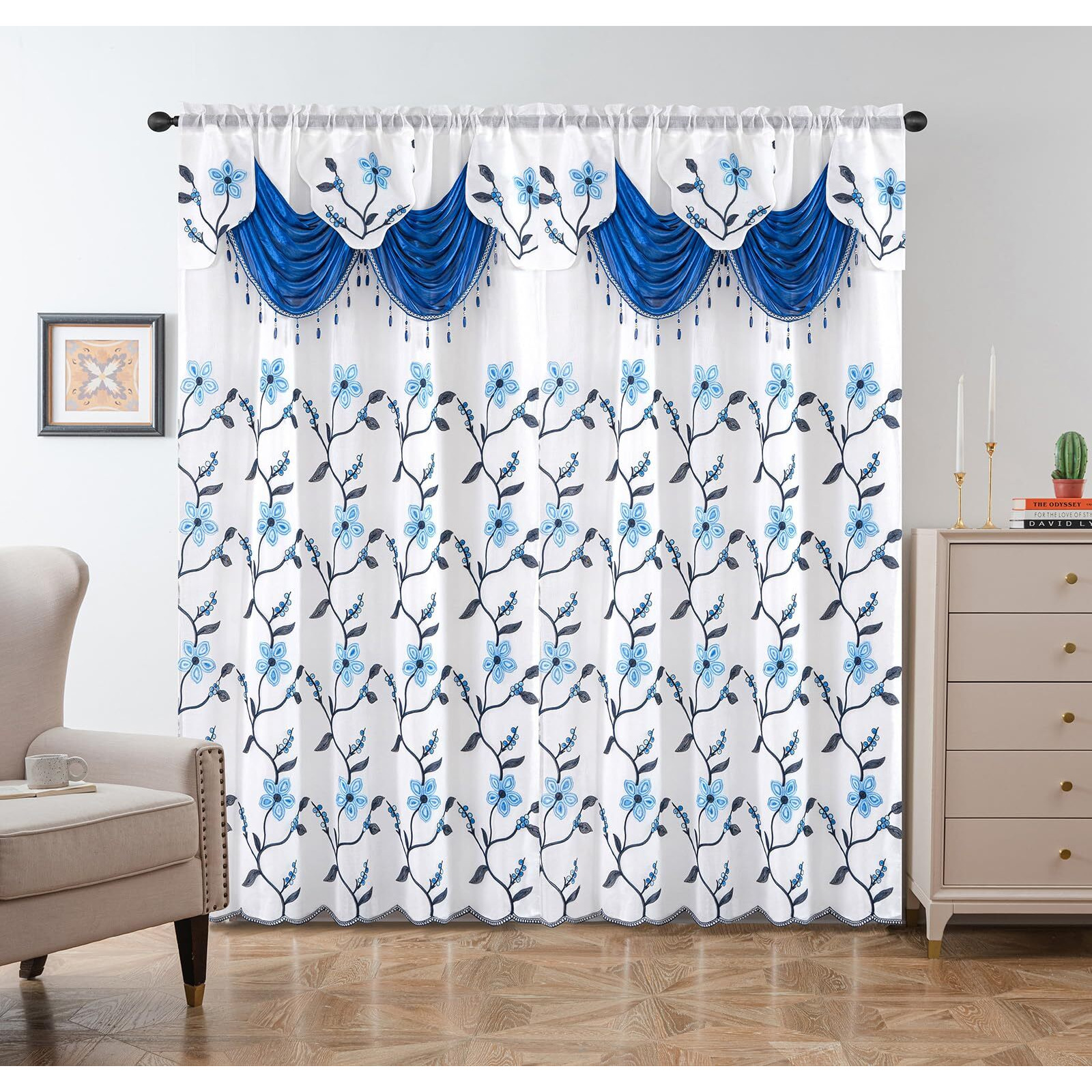 Petrichor Embroidery Sheer Curtain 2 Panels Set - Luxury Window Curtain Attached Valance With Satin Backing And 2 Tie Backs For Living Room,Dining Room, 54X95 Inches, Navy