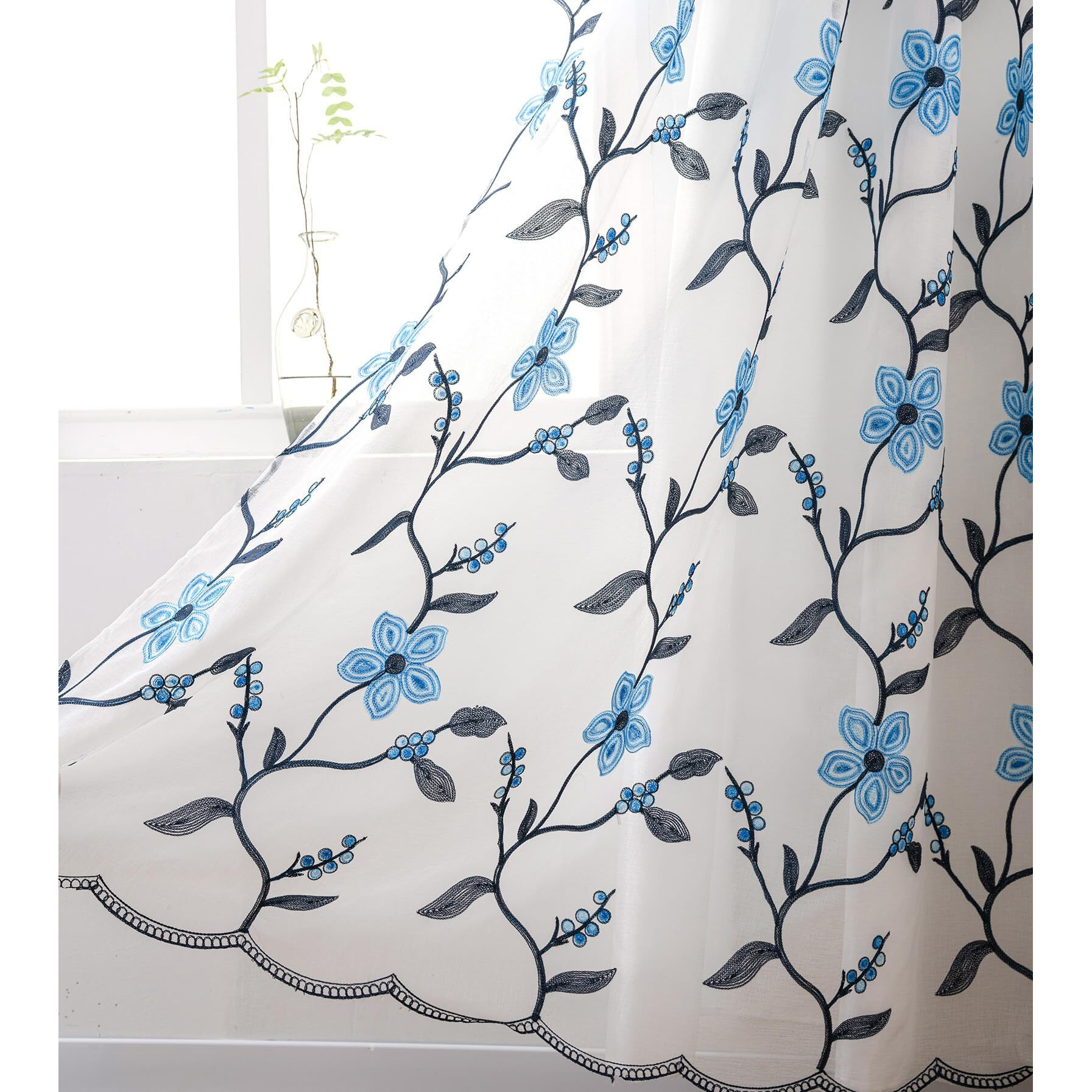 Petrichor Embroidery Sheer Curtain 2 Panels Set - Luxury Window Curtain Attached Valance With Satin Backing And 2 Tie Backs For Living Room,Dining Room, 54X95 Inches, Navy