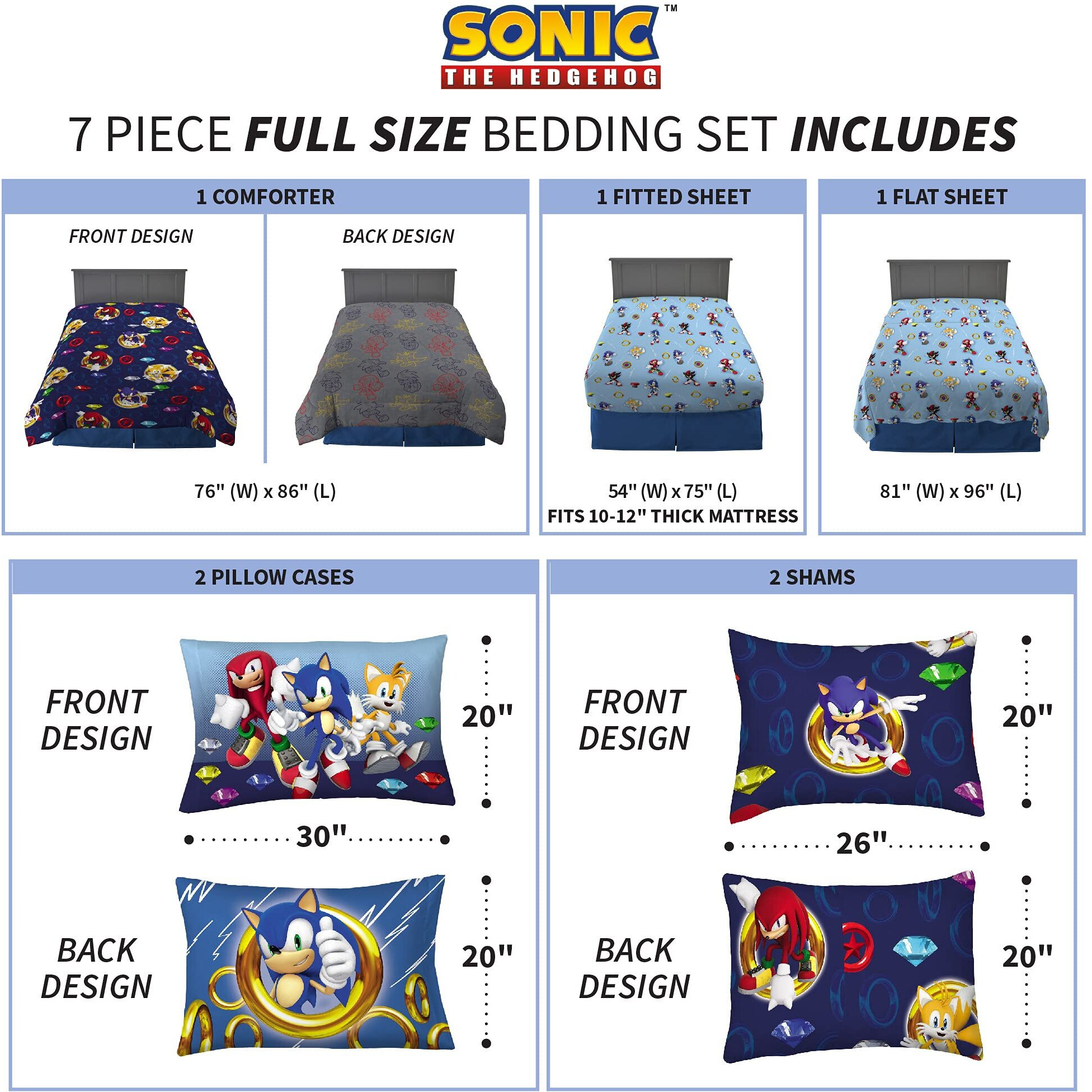 Franco Kids Bedding Super Soft Comforter And Sheet Set With Sham, 7 Piece Full Size, Sonic The Hedgehog