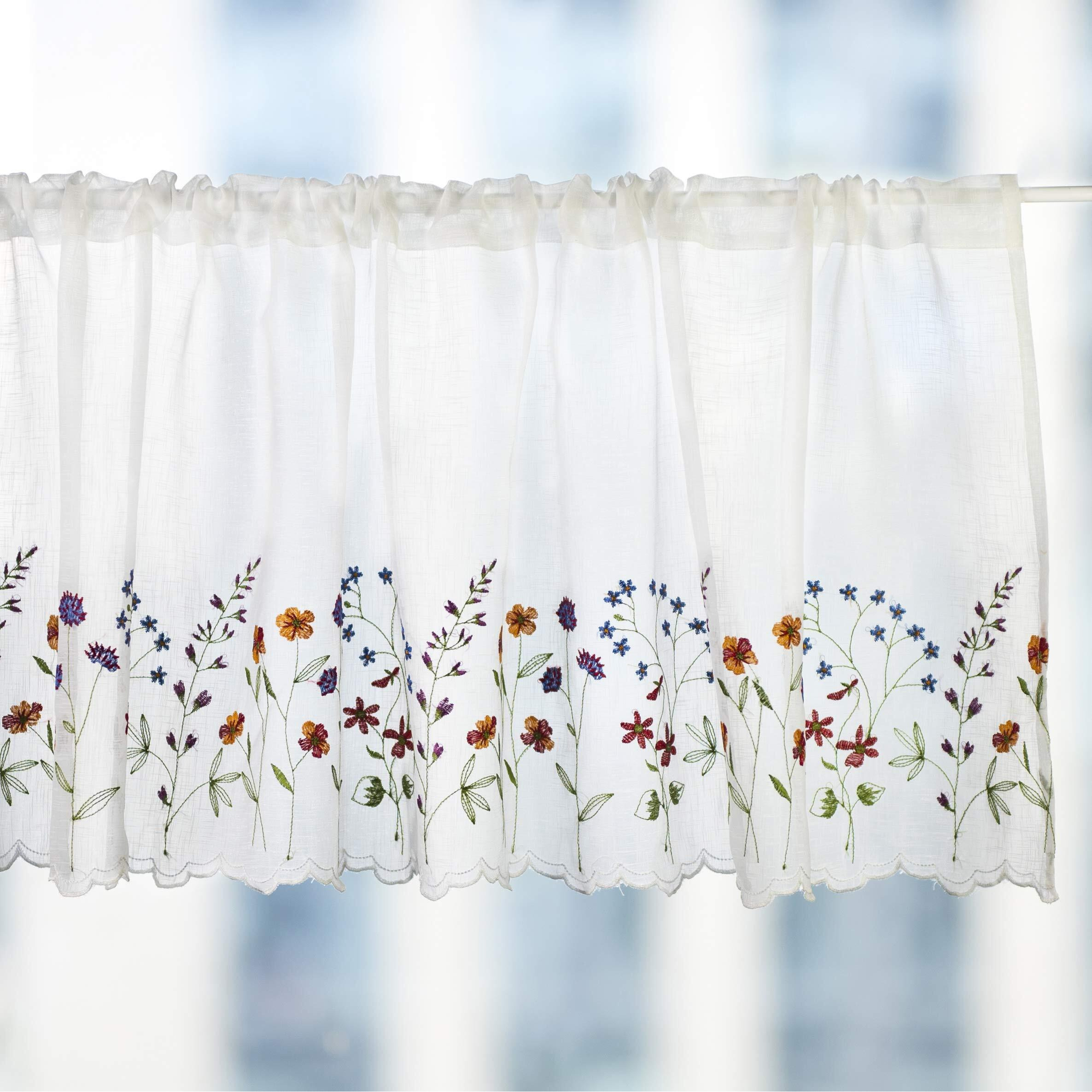 Yurlisa 027 Floral Embroidery Pastoral Style Valance, White Sheer Flowers Valances,Window Treatment For Kitchen,W60Xl18 Inch (Wild Flower)