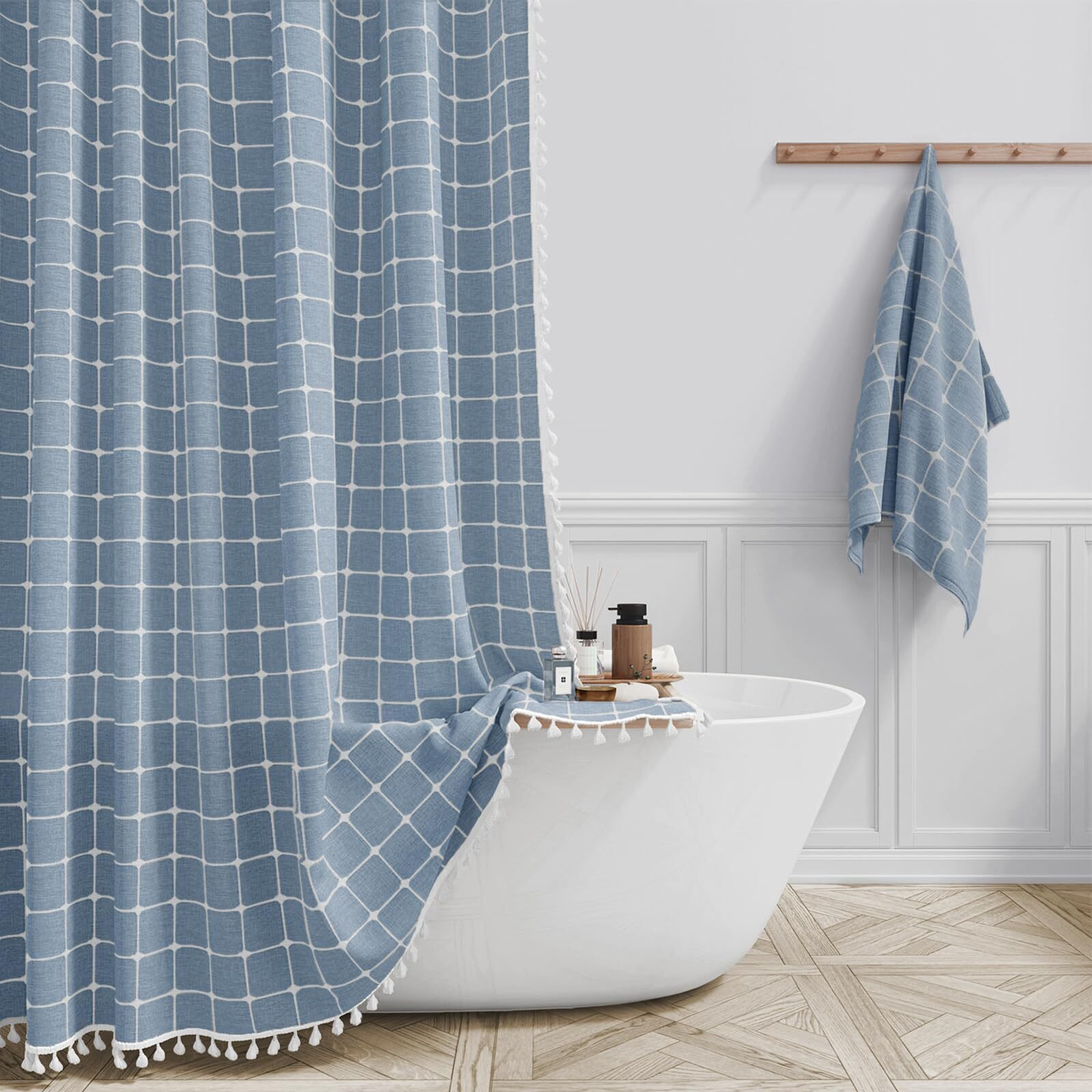 Bttn Boho Farmhouse Shower Curtain - Linen Rustic Heavy Duty Fabric Shower Curtain Set With Tassel, Water Repellent, Bohemian Vintage Country Thick Cloth Shower Curtains For Bathroom - Blue - 72X72