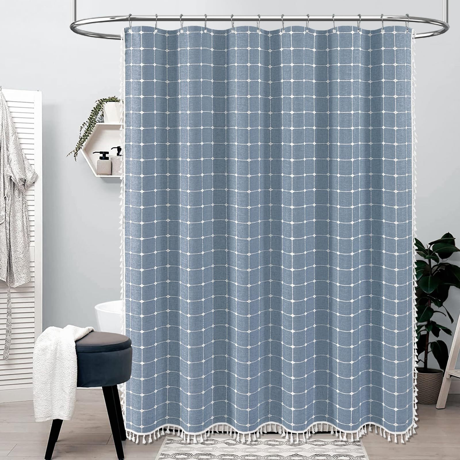Bttn Boho Farmhouse Shower Curtain - Linen Rustic Heavy Duty Fabric Shower Curtain Set With Tassel, Water Repellent, Bohemian Vintage Country Thick Cloth Shower Curtains For Bathroom - Blue - 72X72